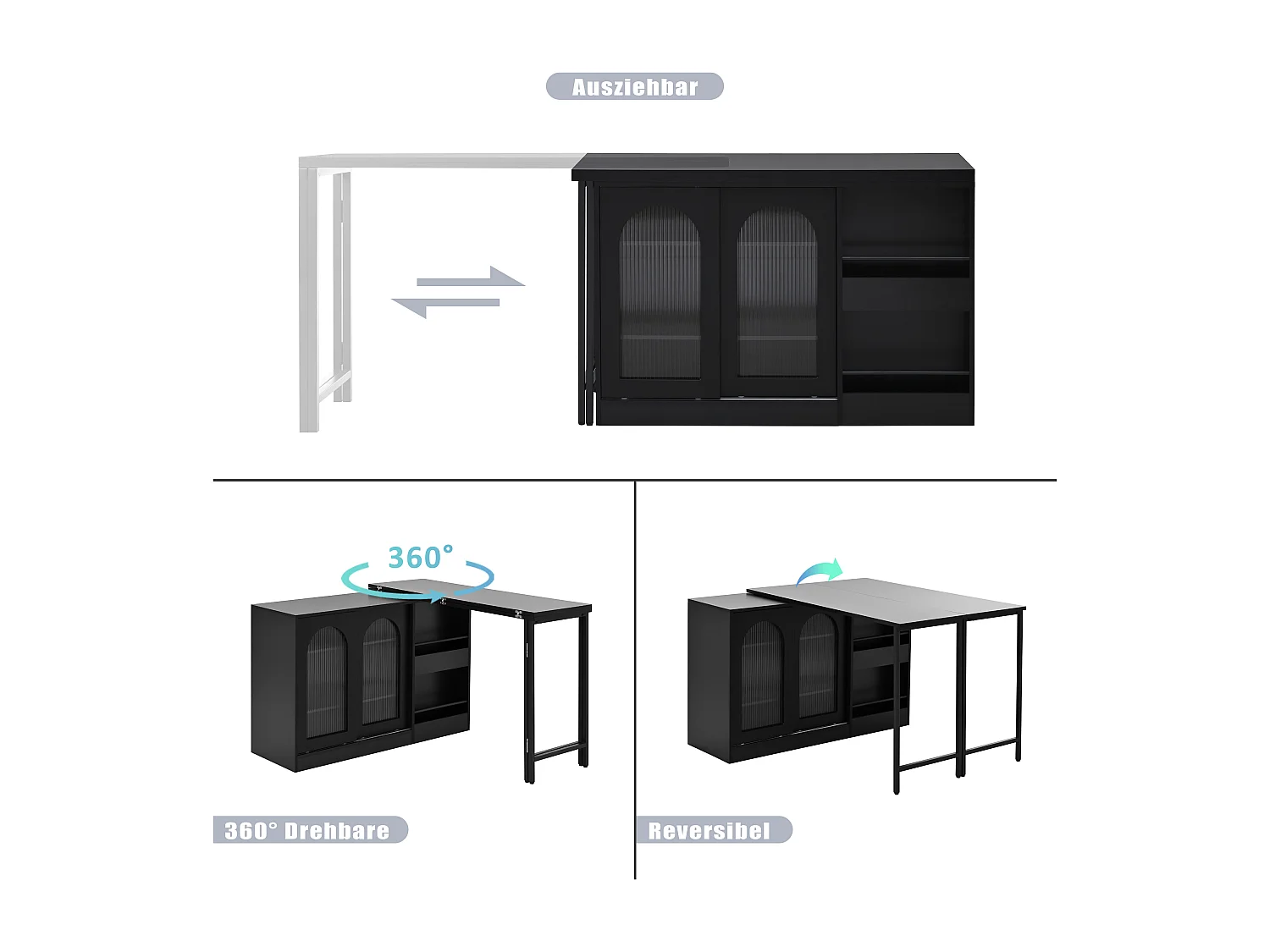 Table de bar extensible rotative à 360°avec portes vitrées - 121.5 x 40 x 76.7 cm - MDF - noir