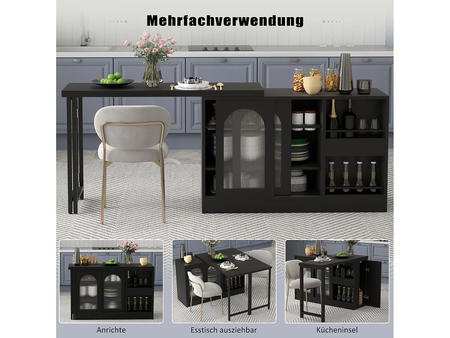 Table de bar extensible rotative à 360°avec portes vitrées - 121.5 x 40 x 76.7 cm - MDF - noir