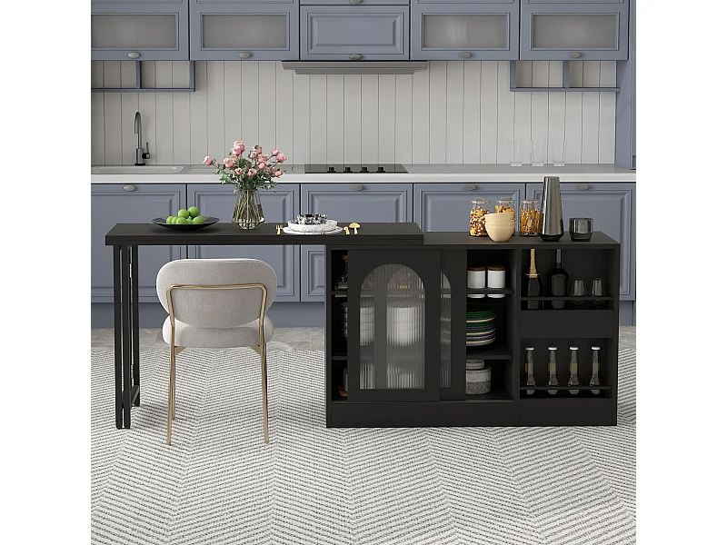 Table de bar extensible rotative à 360°avec portes vitrées - 121.5 x 40 x 76.7 cm - MDF - noir