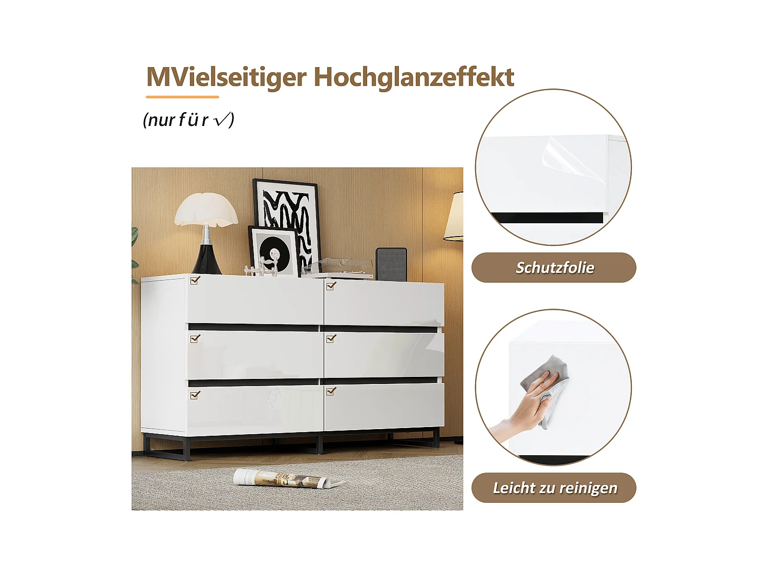 Buffet brillante de salon /commode à 6 tiroirs - 140 x 39.5 x 78.5 cm - 3 pieds en métal - aggloméré - blanc