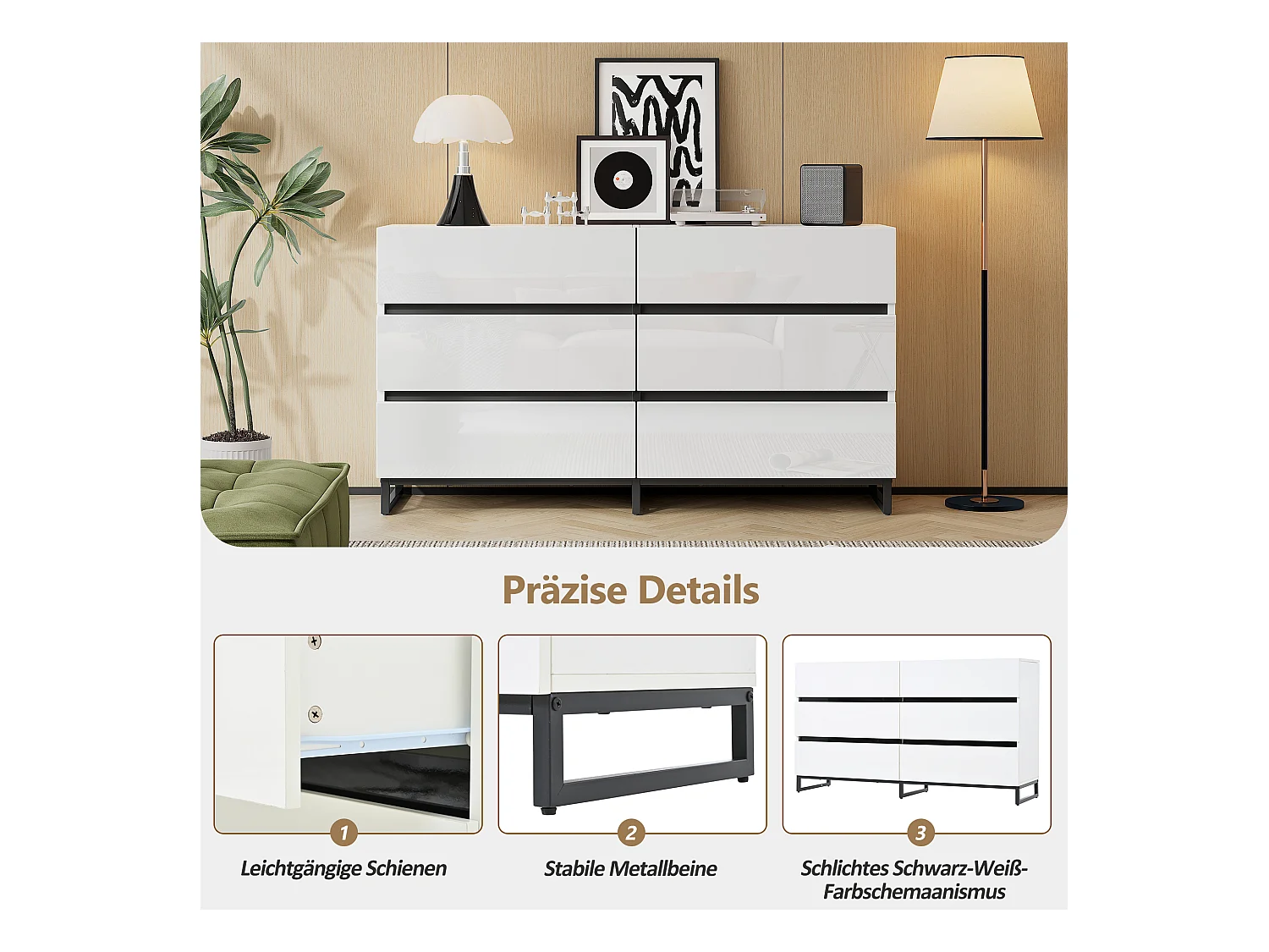 Buffet brillante de salon /commode à 6 tiroirs - 140 x 39.5 x 78.5 cm - 3 pieds en métal - aggloméré - blanc