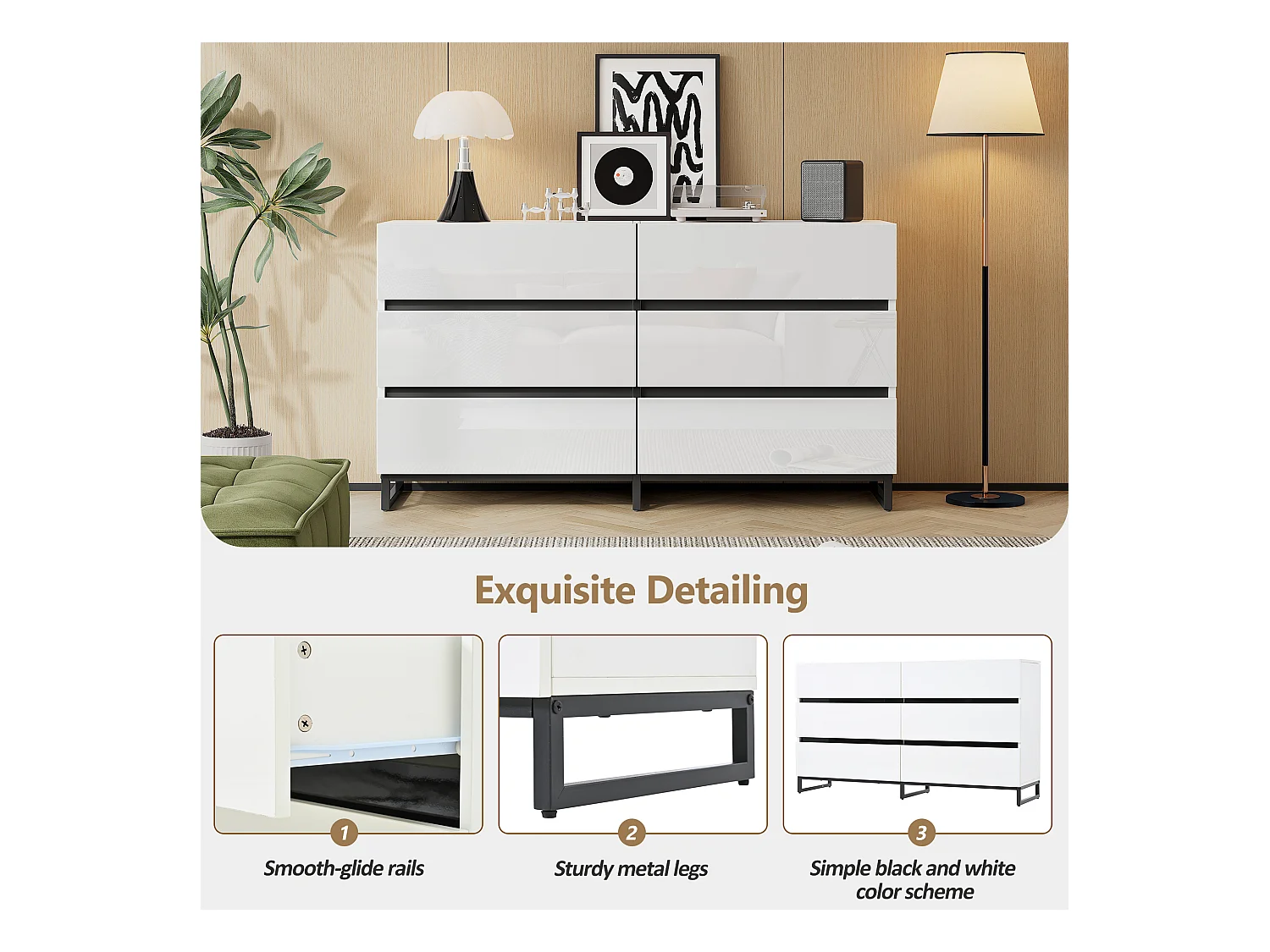 Buffet brillante de salon /commode à 6 tiroirs - 140 x 39.5 x 78.5 cm - 3 pieds en métal - aggloméré - blanc