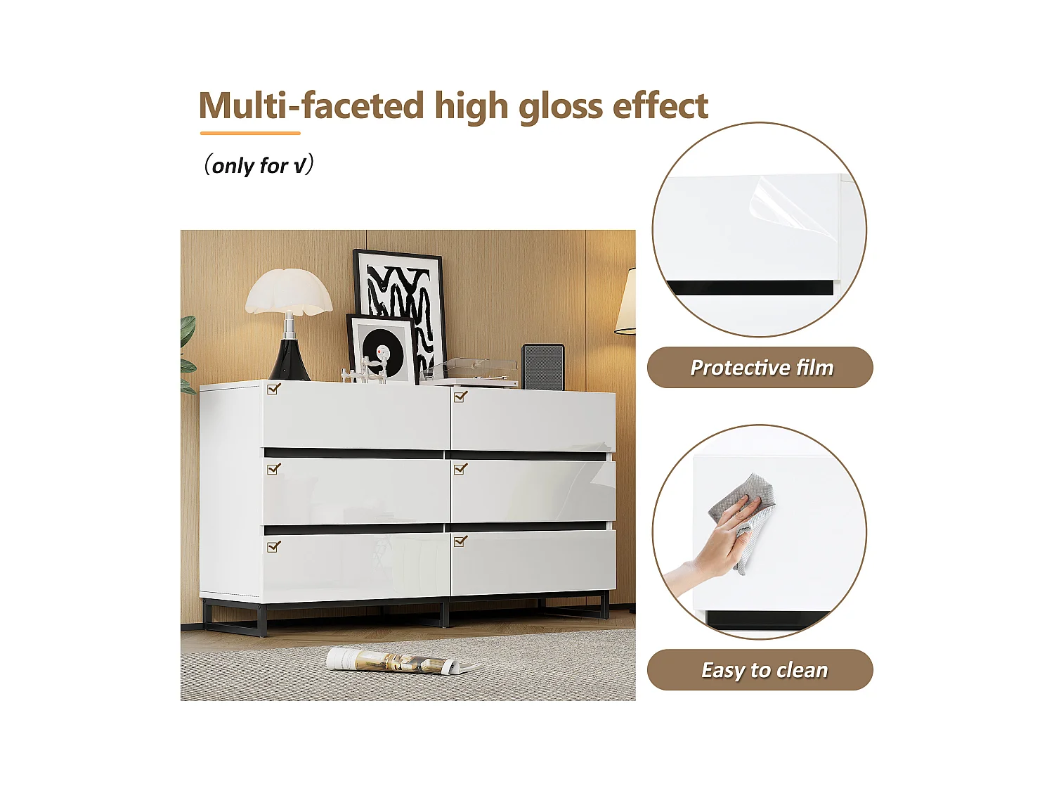 Buffet brillante de salon /commode à 6 tiroirs - 140 x 39.5 x 78.5 cm - 3 pieds en métal - aggloméré - blanc