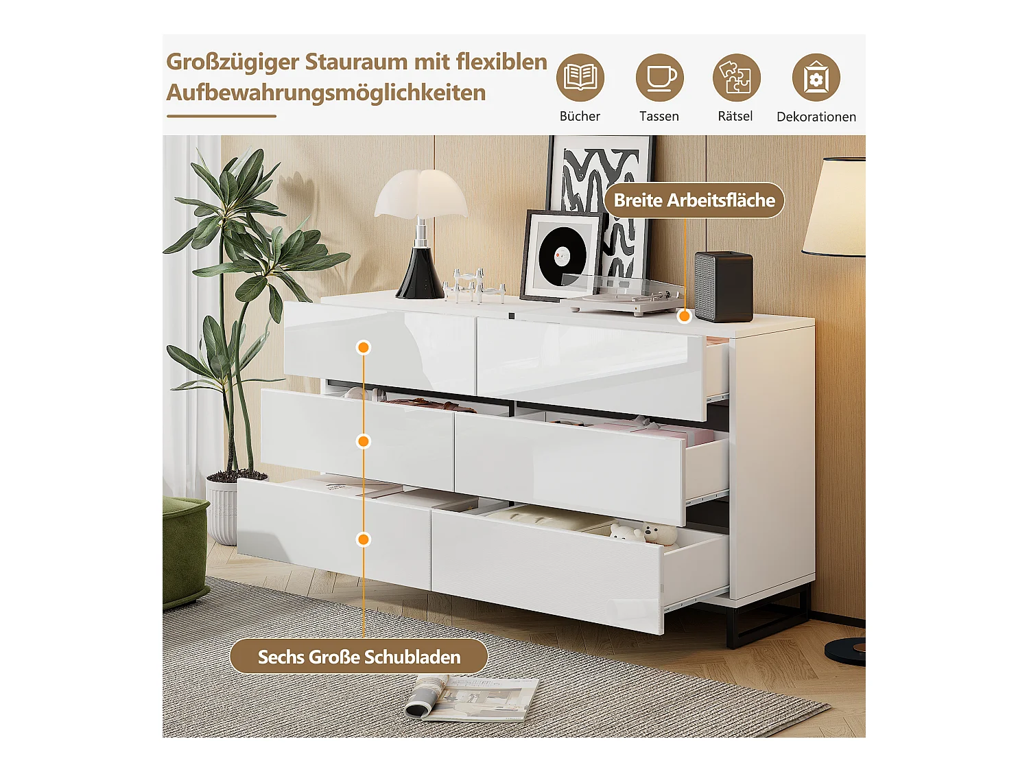 Buffet brillante de salon /commode à 6 tiroirs - 140 x 39.5 x 78.5 cm - 3 pieds en métal - aggloméré - blanc