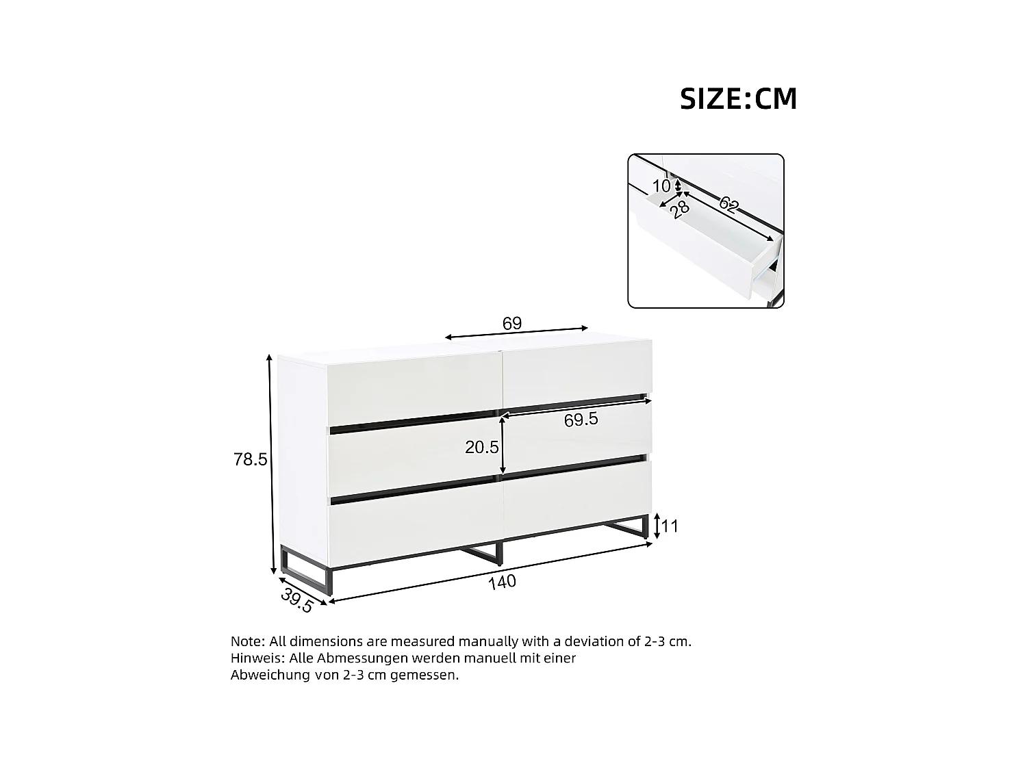 Buffet brillante de salon /commode à 6 tiroirs - 140 x 39.5 x 78.5 cm - 3 pieds en métal - aggloméré - blanc