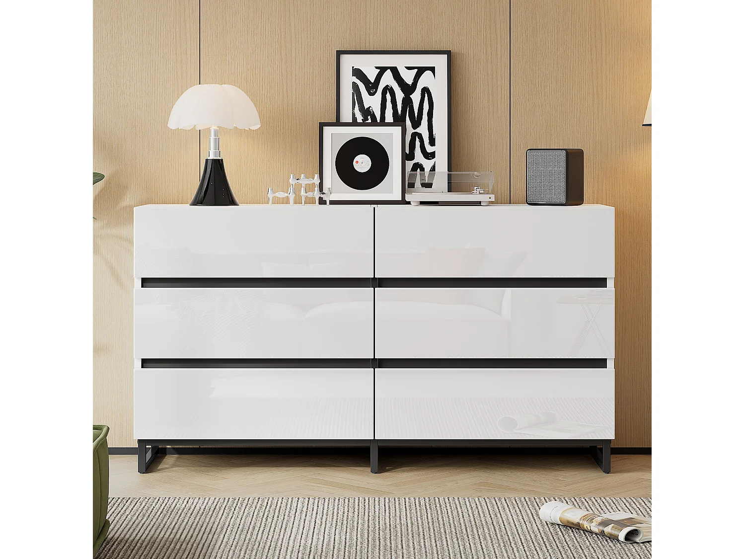 Buffet brillante de salon /commode à 6 tiroirs - 140 x 39.5 x 78.5 cm - 3 pieds en métal - aggloméré - blanc