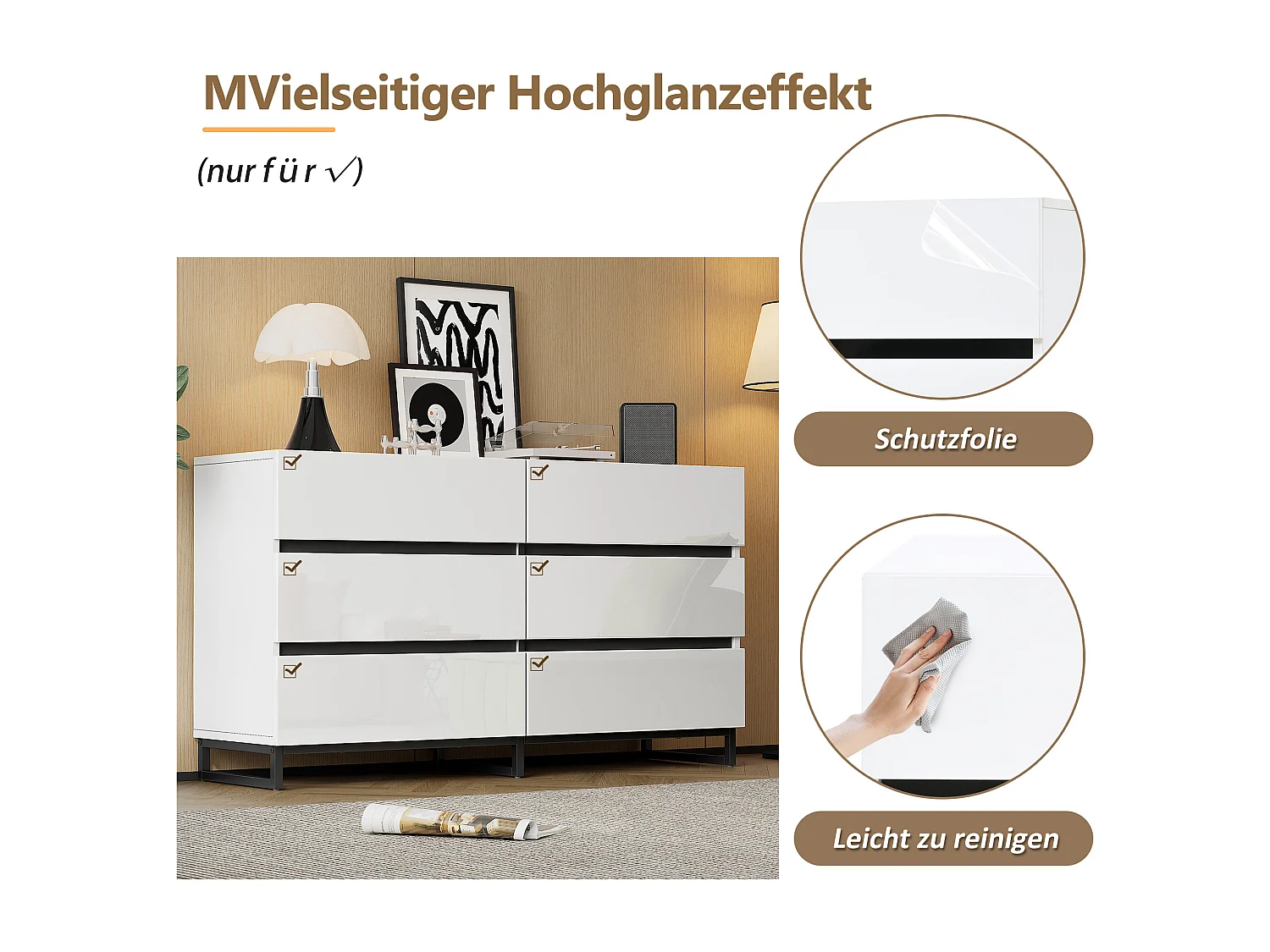 Buffet brillante de salon /commode à 6 tiroirs - 140 x 39.5 x 78.5 cm - 3 pieds en métal - aggloméré - blanc