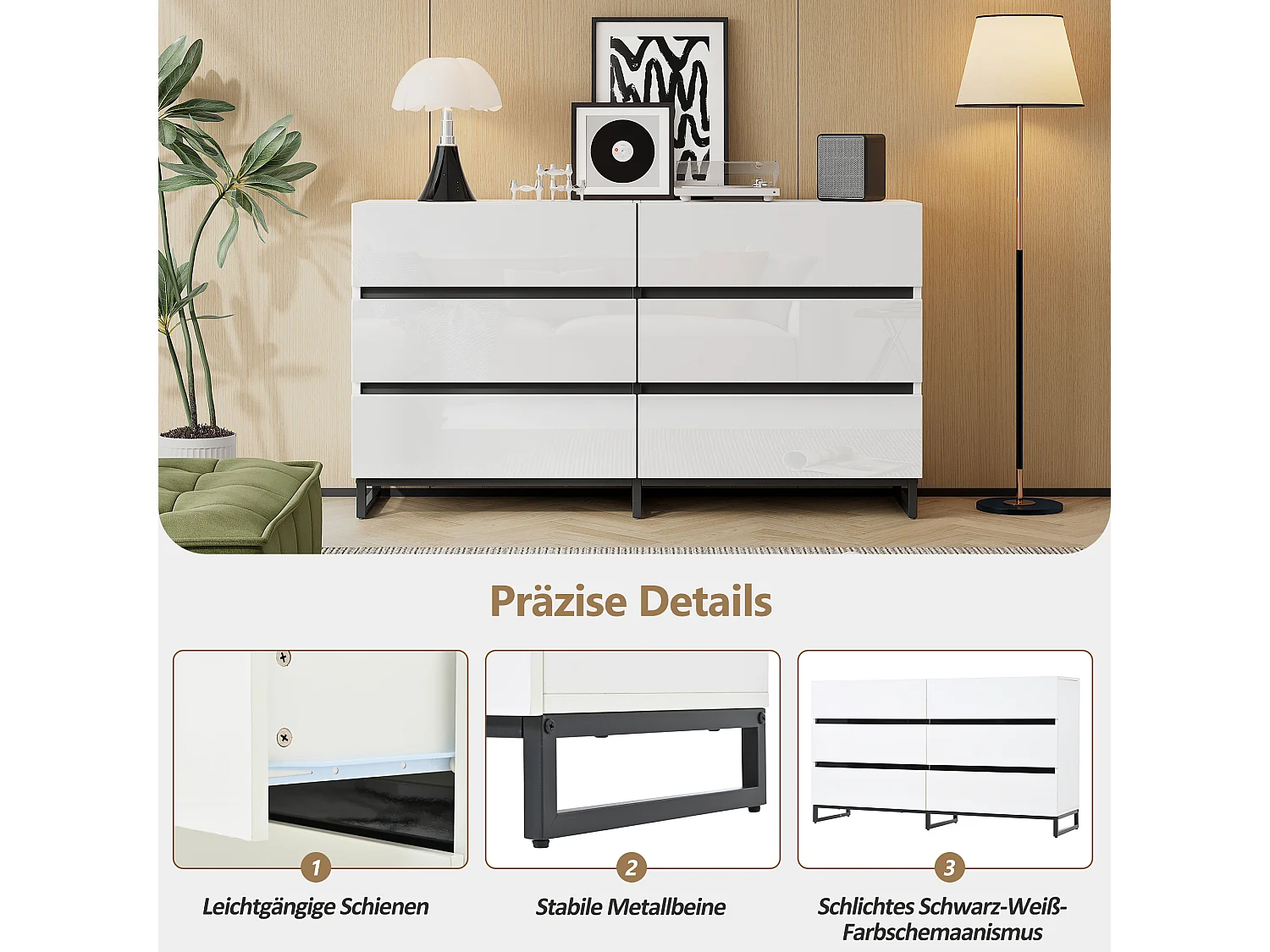 Buffet brillante de salon /commode à 6 tiroirs - 140 x 39.5 x 78.5 cm - 3 pieds en métal - aggloméré - blanc