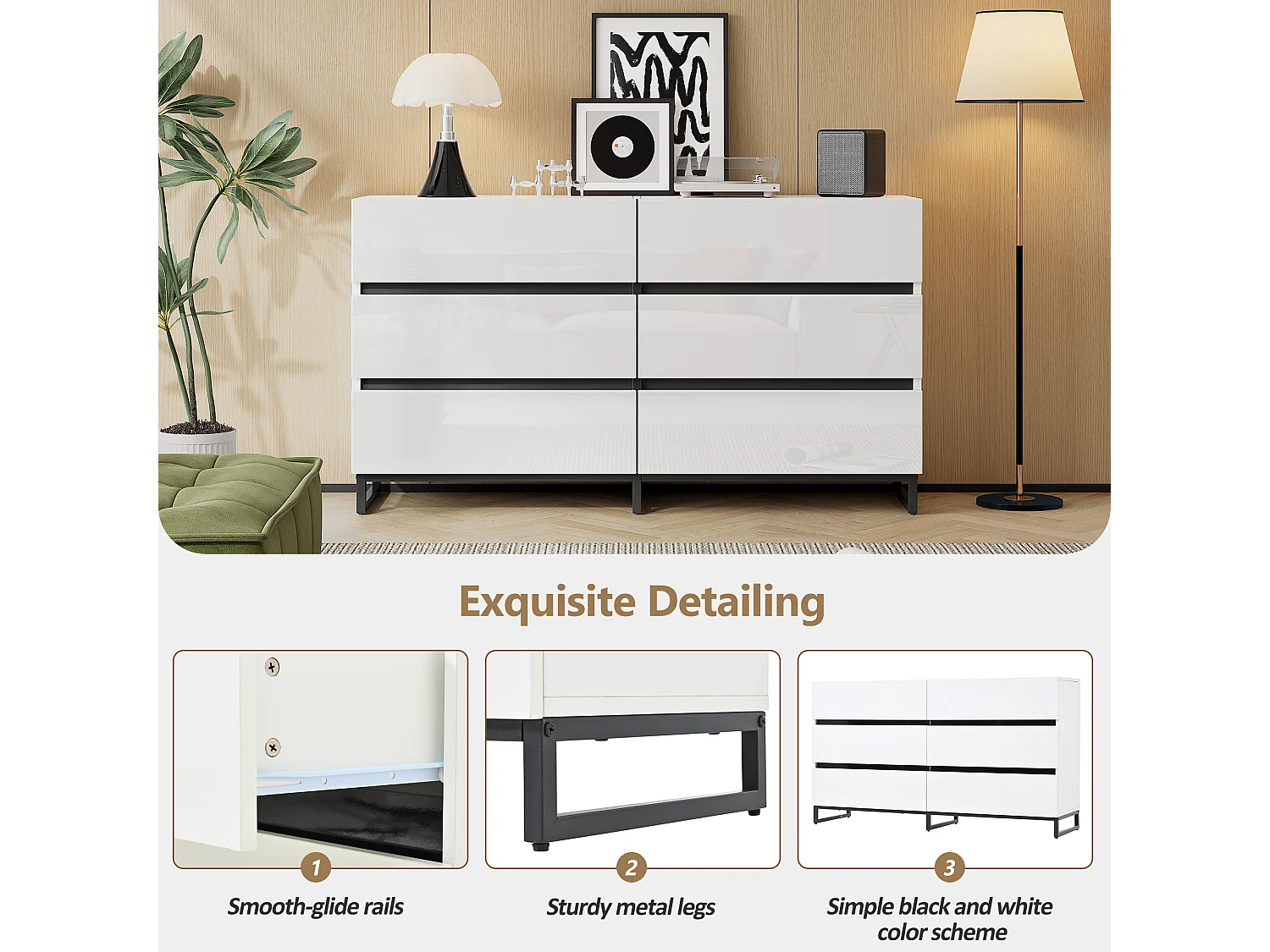 Buffet brillante de salon /commode à 6 tiroirs - 140 x 39.5 x 78.5 cm - 3 pieds en métal - aggloméré - blanc