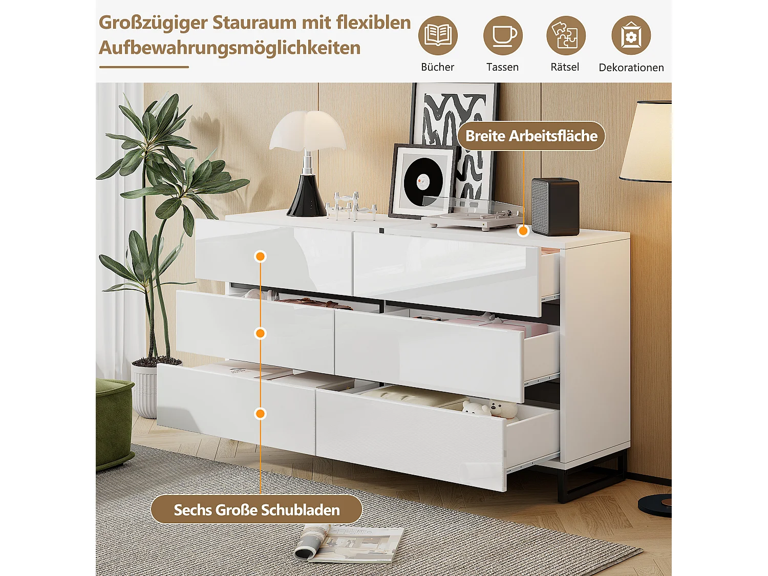 Buffet brillante de salon /commode à 6 tiroirs - 140 x 39.5 x 78.5 cm - 3 pieds en métal - aggloméré - blanc