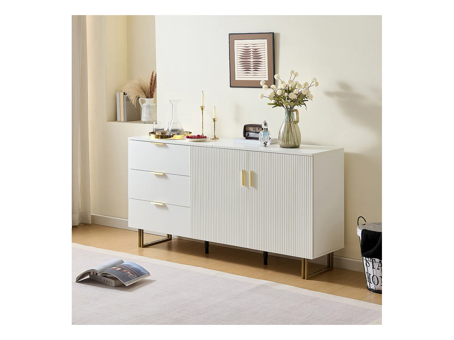 Buffet moderne avec 2 portes et 3 tiroirs - 160 x 40 x 81.5 cm -  pour salon - MDF - blanc