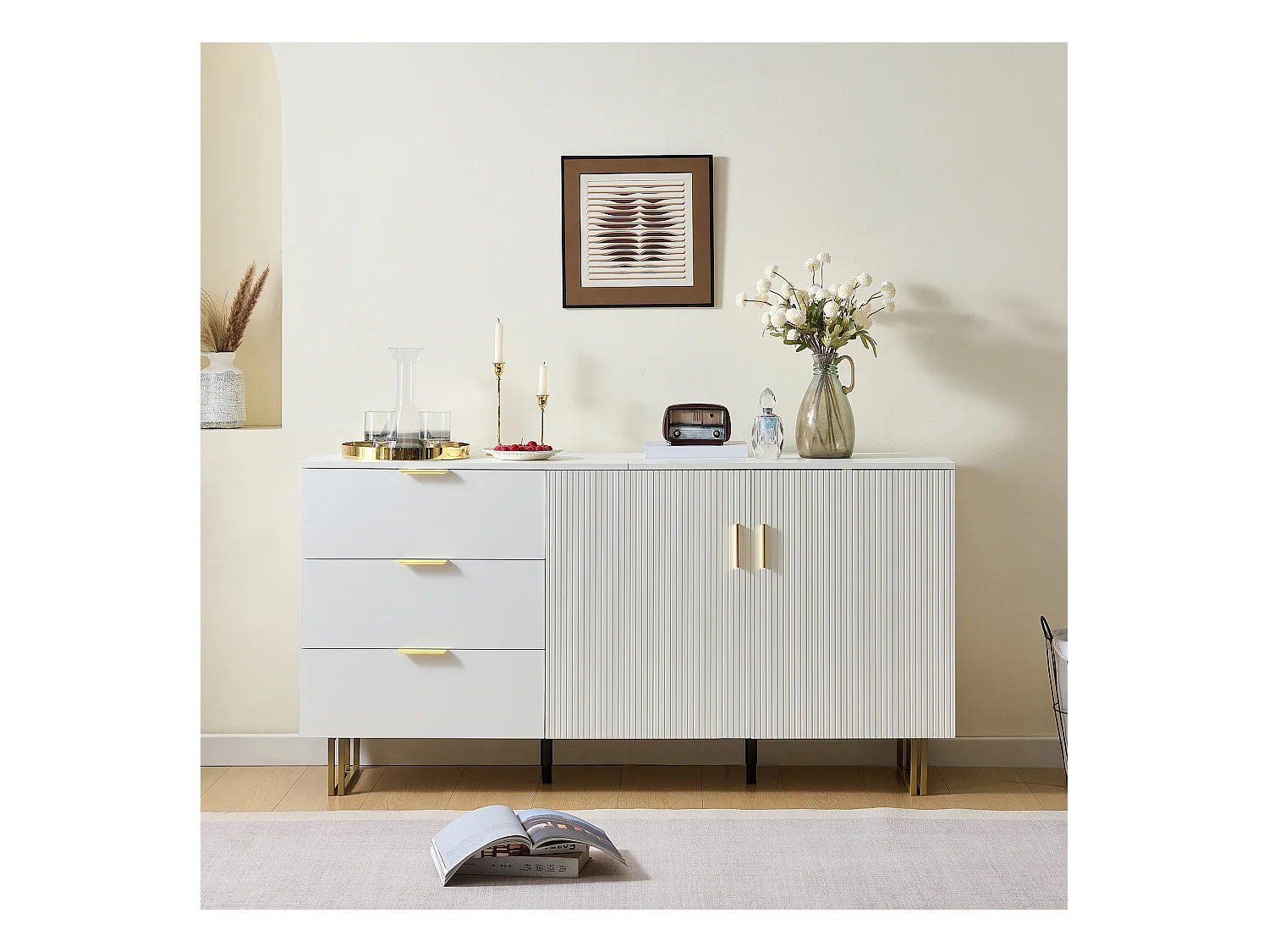 Buffet moderne avec 2 portes et 3 tiroirs - 160 x 40 x 81.5 cm -  pour salon - MDF - blanc