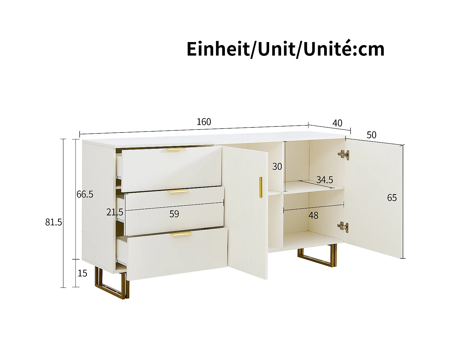 Buffet moderne avec 2 portes et 3 tiroirs - 160 x 40 x 81.5 cm -  pour salon - MDF - blanc