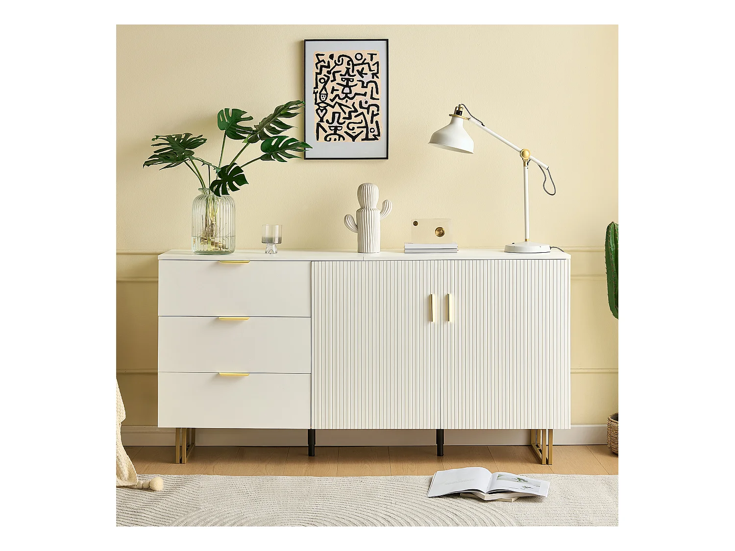 Buffet moderne avec 2 portes et 3 tiroirs - 160 x 40 x 81.5 cm -  pour salon - MDF - blanc