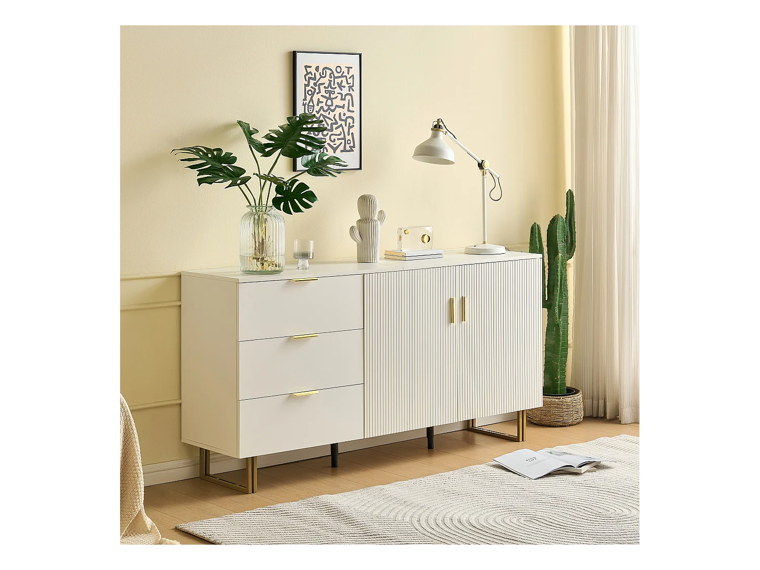 Buffet moderne avec 2 portes et 3 tiroirs - 160 x 40 x 81.5 cm -  pour salon - MDF - blanc