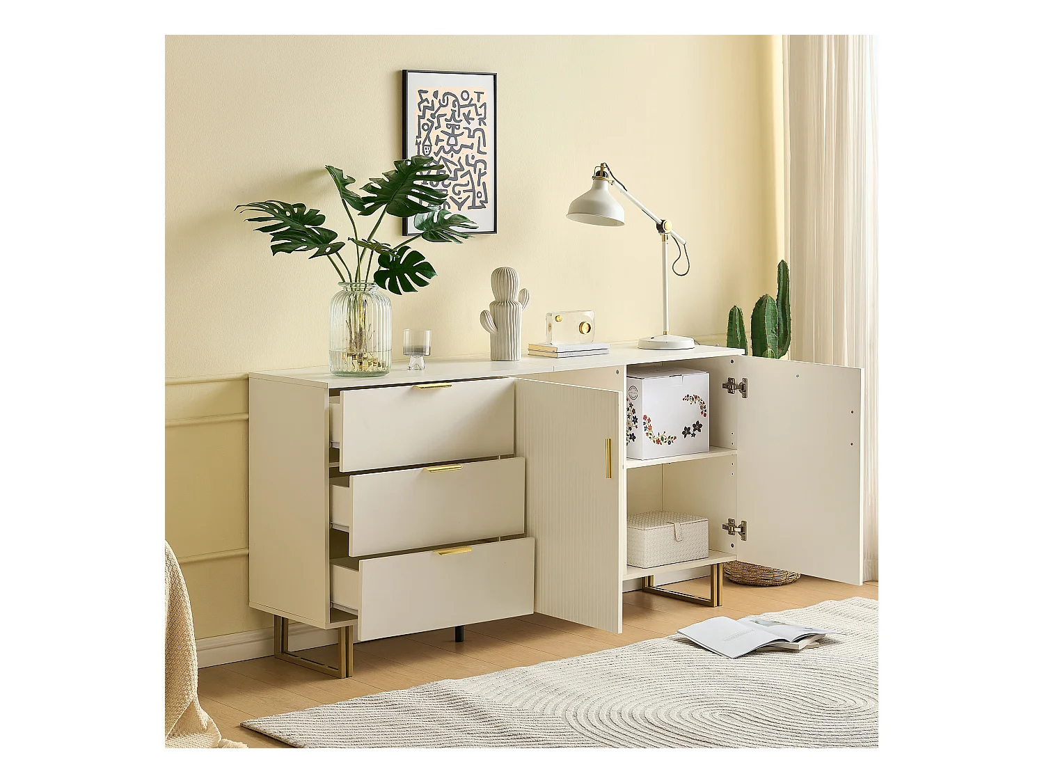 Buffet moderne avec 2 portes et 3 tiroirs - 160 x 40 x 81.5 cm -  pour salon - MDF - blanc