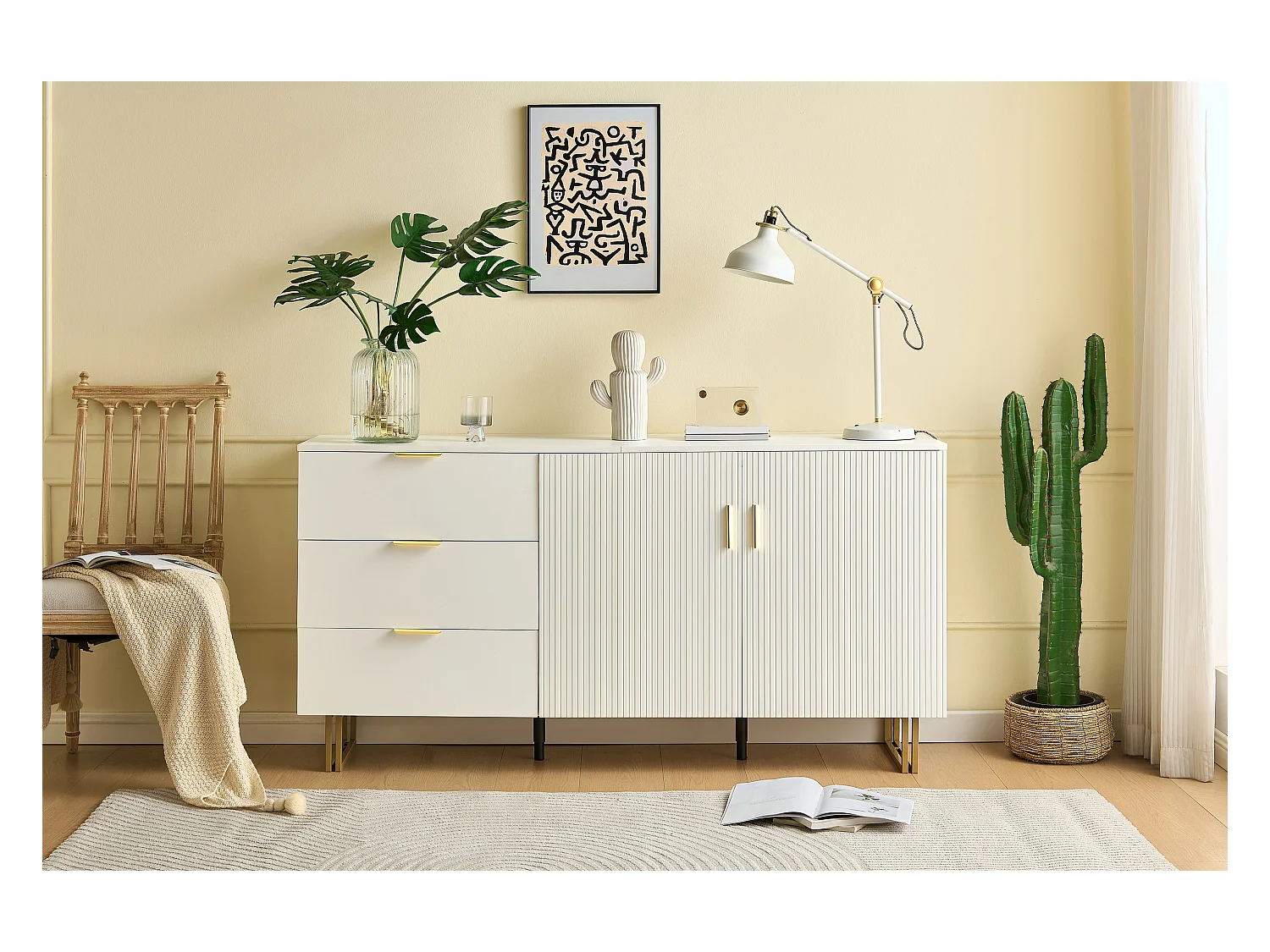 Buffet moderne avec 2 portes et 3 tiroirs - 160 x 40 x 81.5 cm -  pour salon - MDF - blanc
