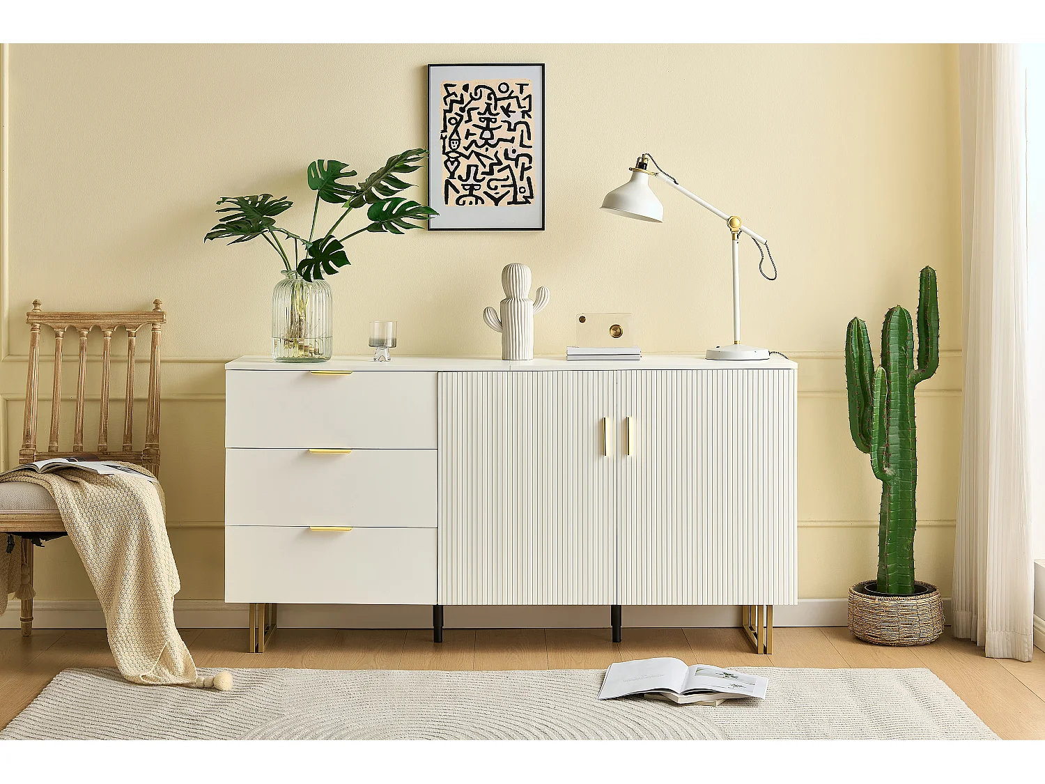 Buffet moderne avec 2 portes et 3 tiroirs - 160 x 40 x 81.5 cm -  pour salon - MDF - blanc