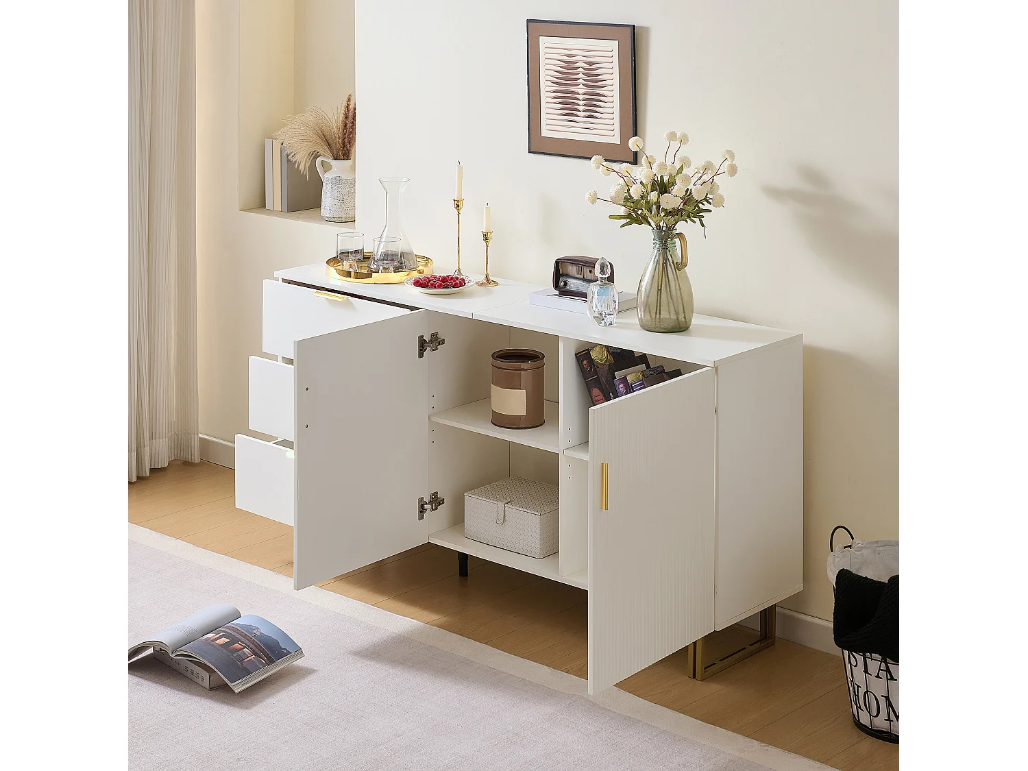 Buffet moderne avec 2 portes et 3 tiroirs - 160 x 40 x 81.5 cm -  pour salon - MDF - blanc