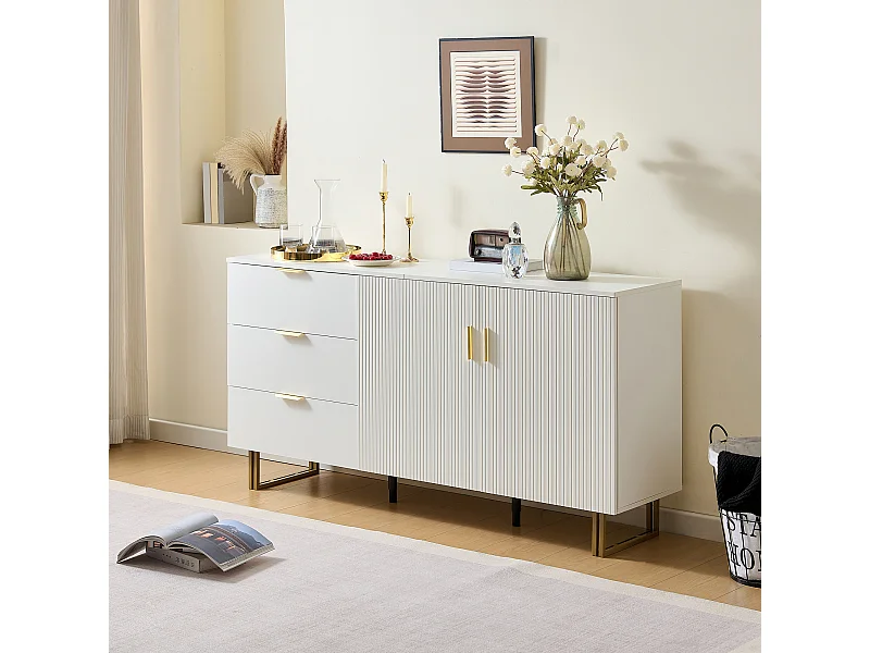 Buffet moderne avec 2 portes et 3 tiroirs - 160 x 40 x 81.5 cm -  pour salon - MDF - blanc