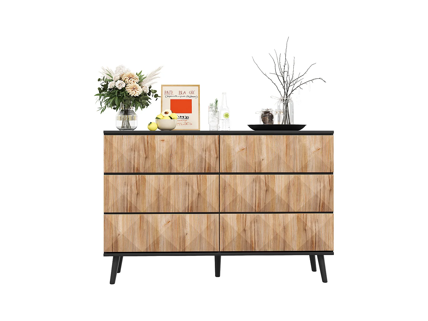 Buffet/commode à 6 tiroirs - 120 x 40 x 85 cm - portes surélevées - aggloméré - naturel + noir