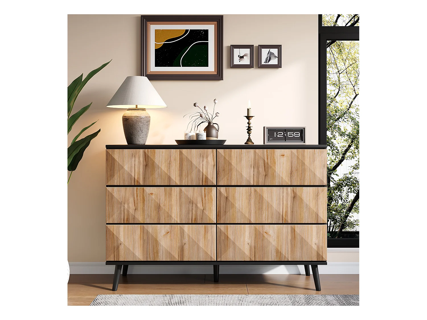 Buffet/commode à 6 tiroirs - 120 x 40 x 85 cm - portes surélevées - aggloméré - naturel + noir