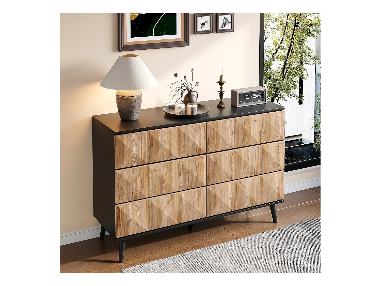 Buffet/commode à 6 tiroirs - 120 x 40 x 85 cm - portes surélevées - aggloméré - naturel + noir