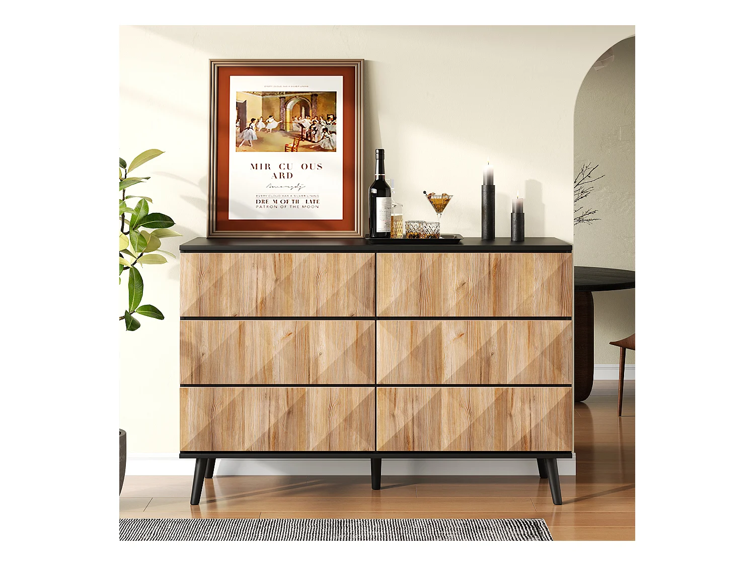 Buffet/commode à 6 tiroirs - 120 x 40 x 85 cm - portes surélevées - aggloméré - naturel + noir