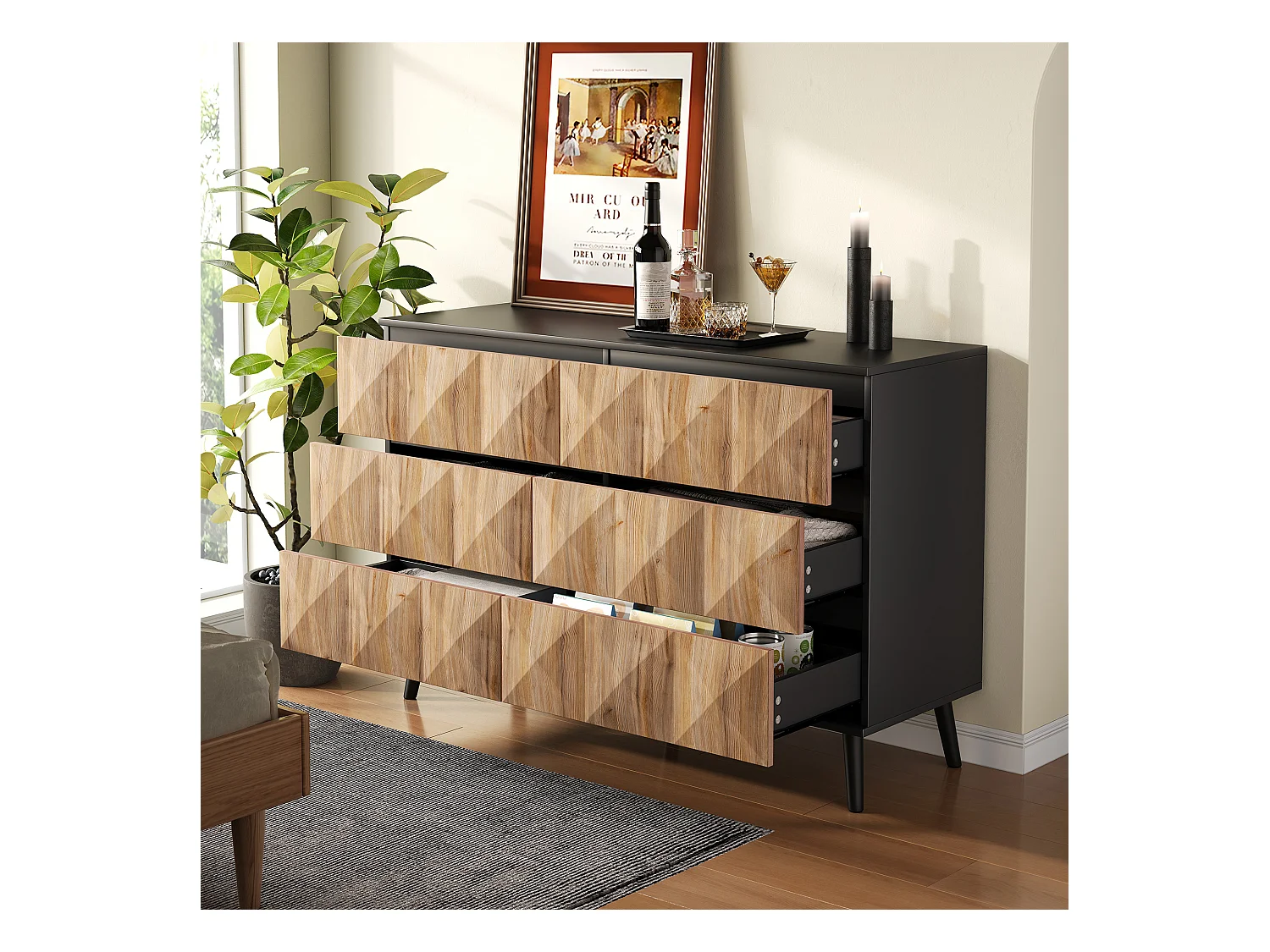 Buffet/commode à 6 tiroirs - 120 x 40 x 85 cm - portes surélevées - aggloméré - naturel + noir