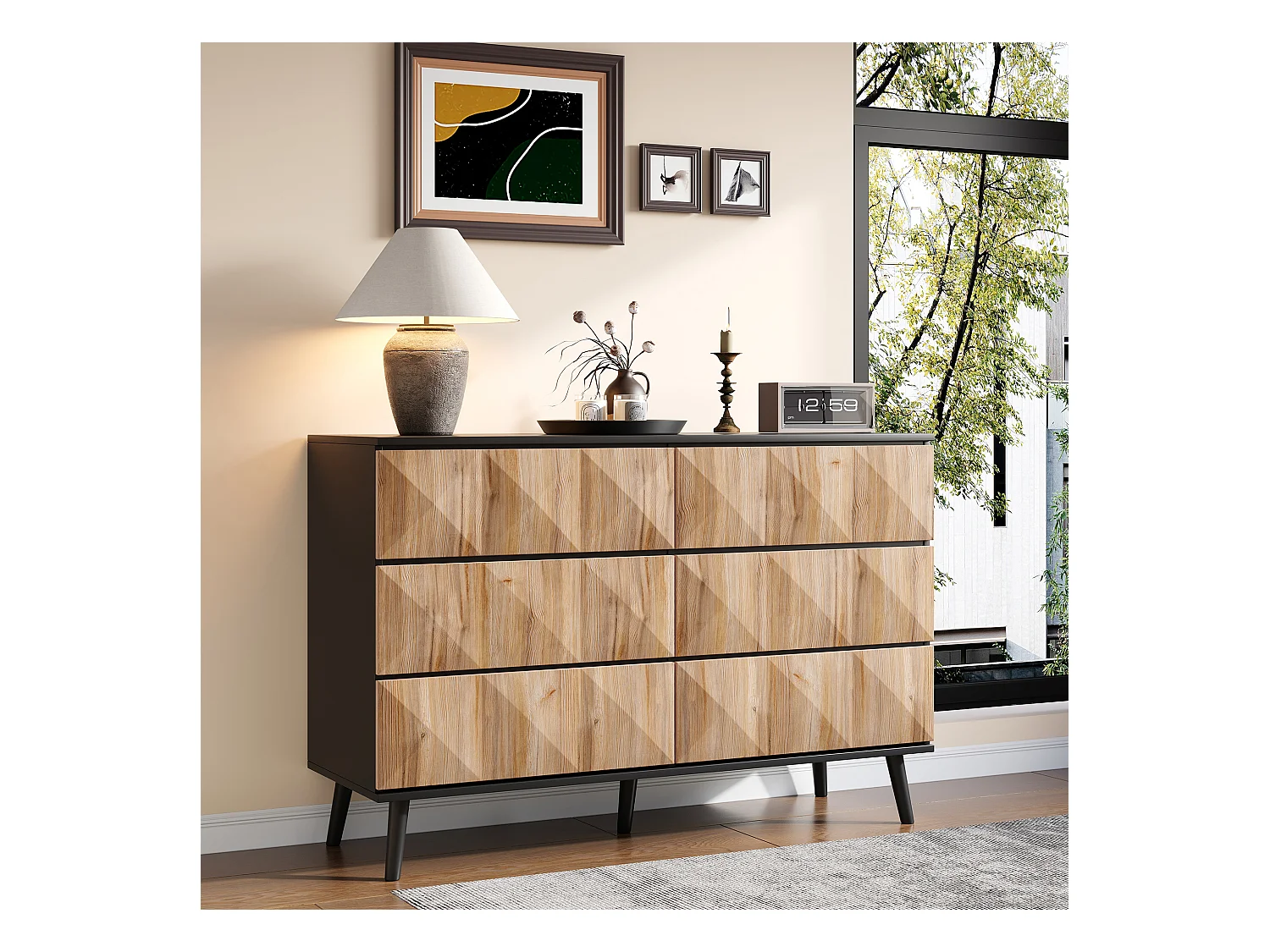 Buffet/commode à 6 tiroirs - 120 x 40 x 85 cm - portes surélevées - aggloméré - naturel + noir