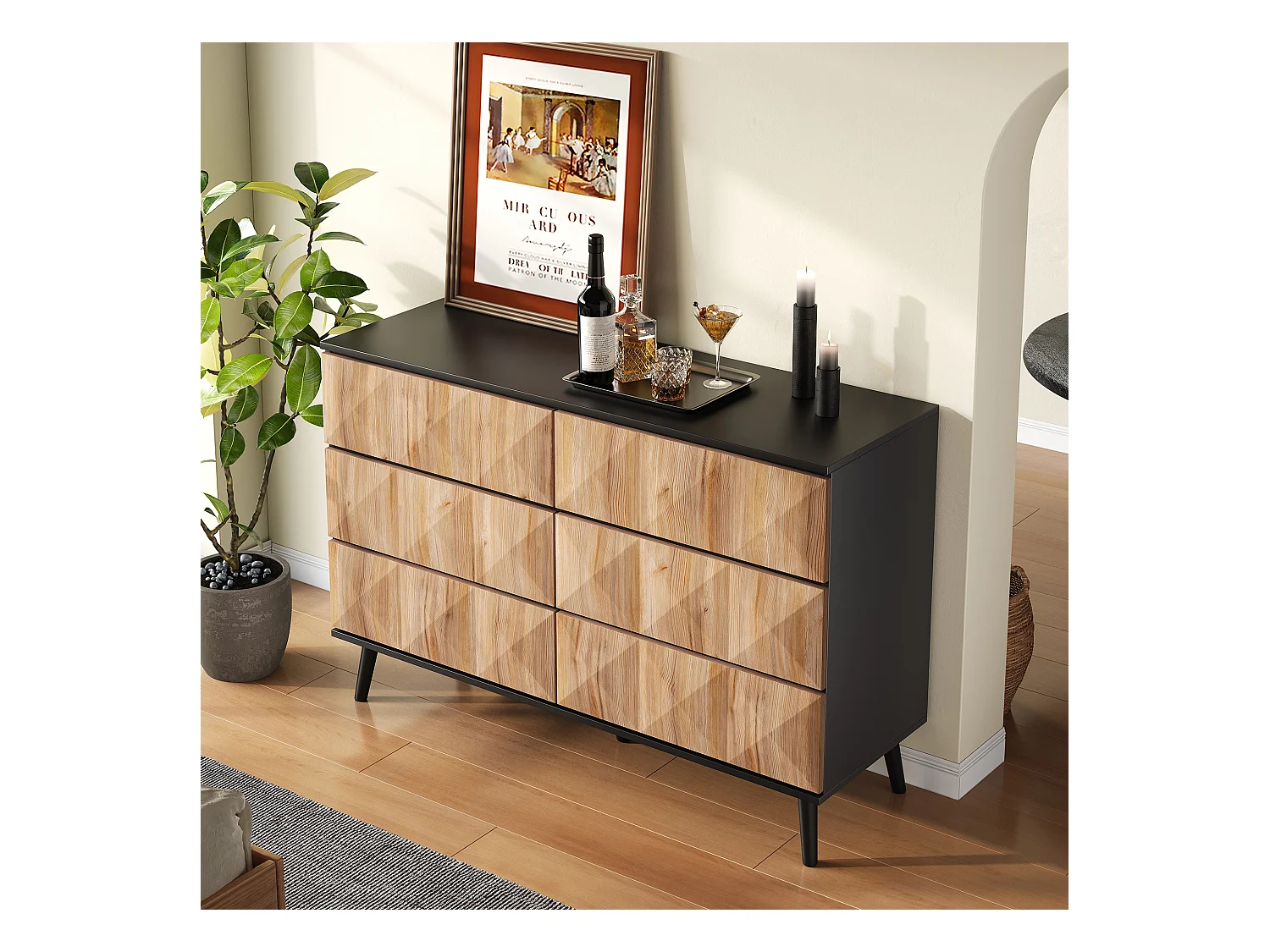 Buffet/commode à 6 tiroirs - 120 x 40 x 85 cm - portes surélevées - aggloméré - naturel + noir