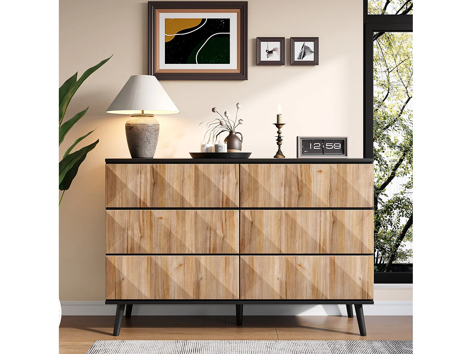 Buffet/commode à 6 tiroirs - 120 x 40 x 85 cm - portes surélevées - aggloméré - naturel + noir