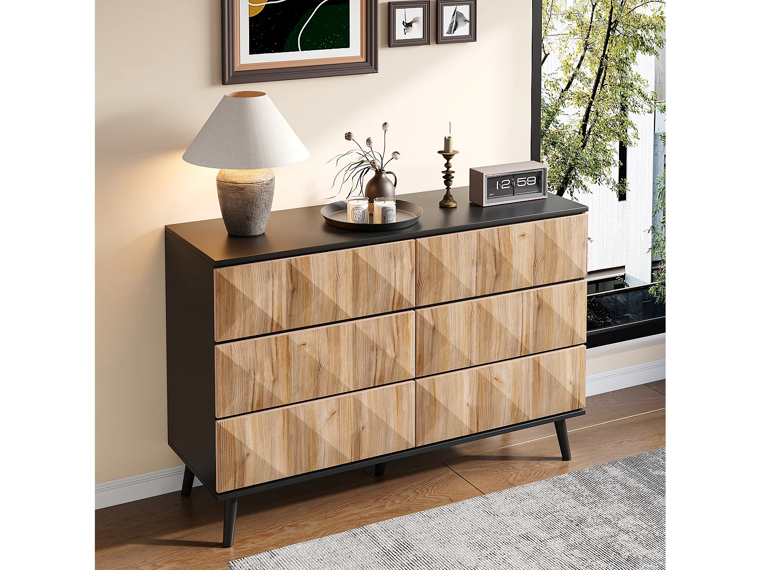 Buffet/commode à 6 tiroirs - 120 x 40 x 85 cm - portes surélevées - aggloméré - naturel + noir