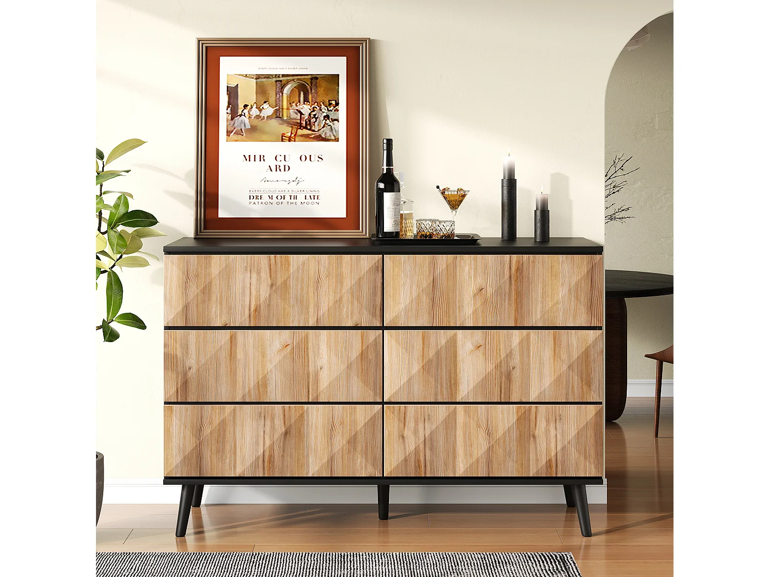 Buffet/commode à 6 tiroirs - 120 x 40 x 85 cm - portes surélevées - aggloméré - naturel + noir