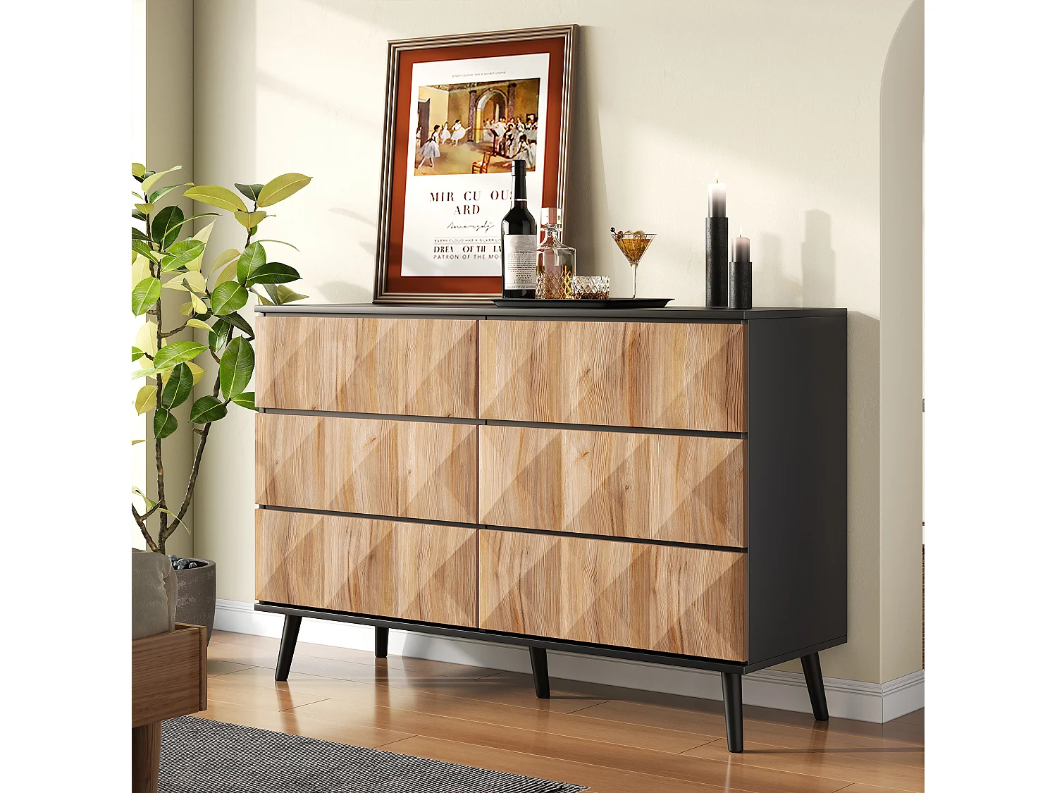 Buffet/commode à 6 tiroirs - 120 x 40 x 85 cm - portes surélevées - aggloméré - naturel + noir