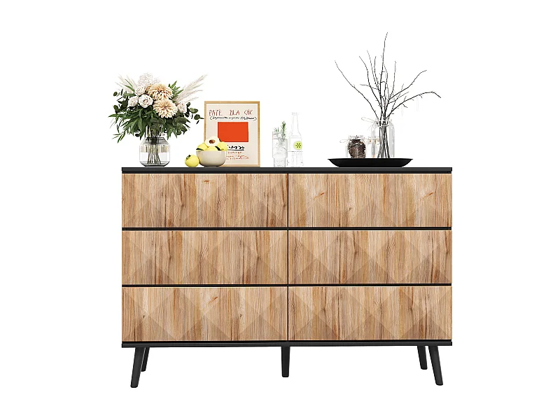Buffet/commode à 6 tiroirs - 120 x 40 x 85 cm - portes surélevées - aggloméré - naturel + noir