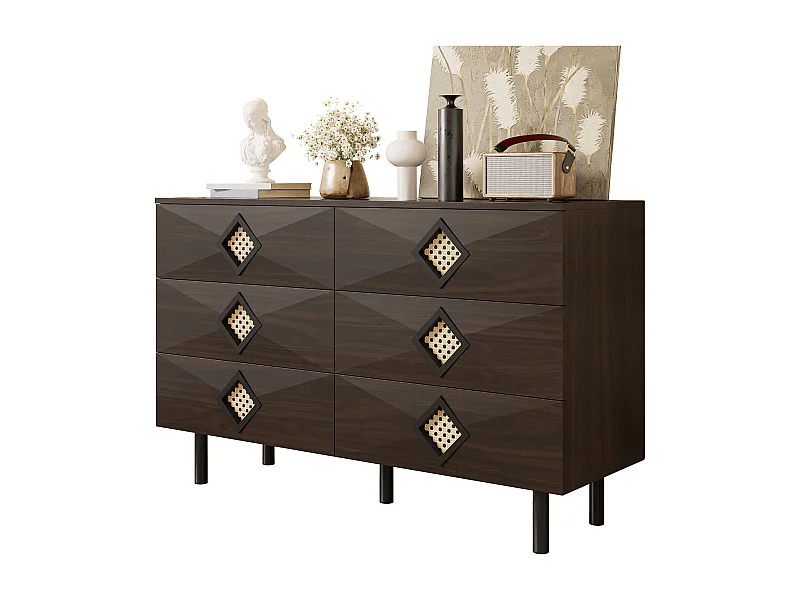 Buffet/commode à 6 tiroirs avec poignée en rotin pour chambre et salon - 120 x 40 x 74.5 cm - MDF + aggloméré - Marron