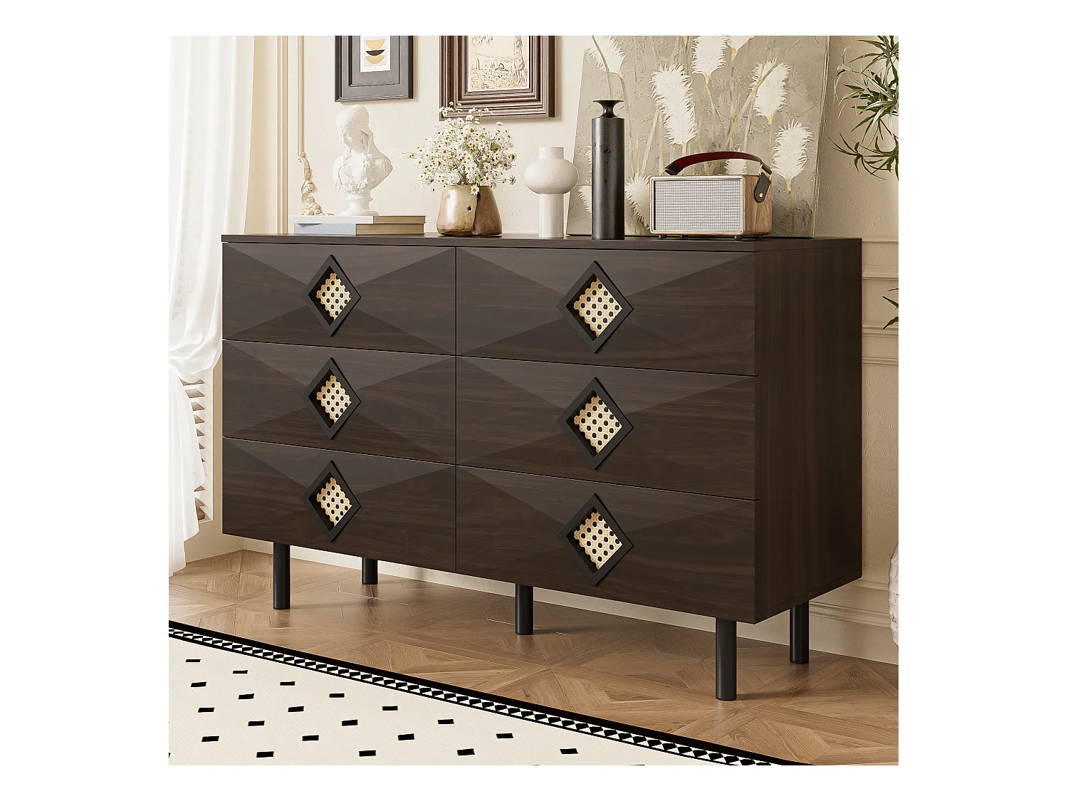 Buffet/commode à 6 tiroirs avec poignée en rotin pour chambre et salon - 120 x 40 x 74.5 cm - MDF + aggloméré - Marron