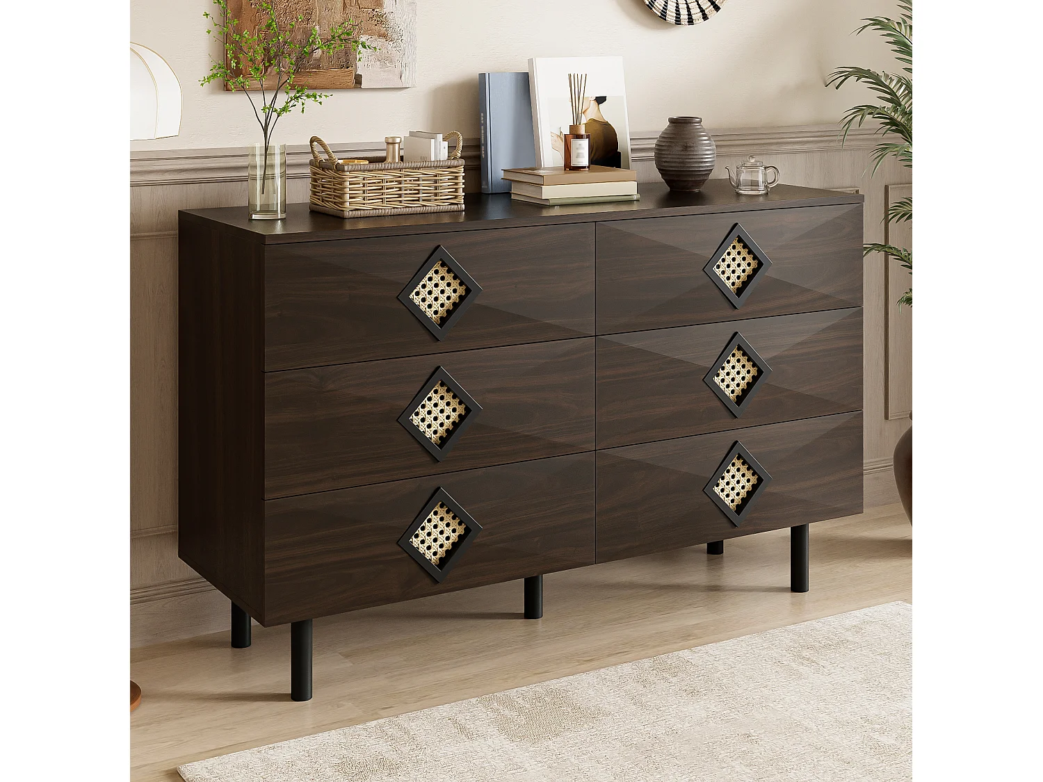 Buffet/commode à 6 tiroirs avec poignée en rotin pour chambre et salon - 120 x 40 x 74.5 cm - MDF + aggloméré - Marron