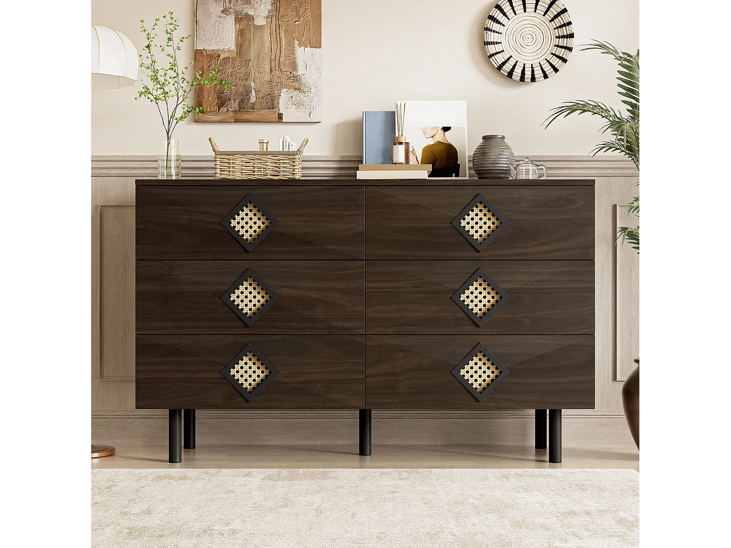 Buffet/commode à 6 tiroirs avec poignée en rotin pour chambre et salon - 120 x 40 x 74.5 cm - MDF + aggloméré - Marron