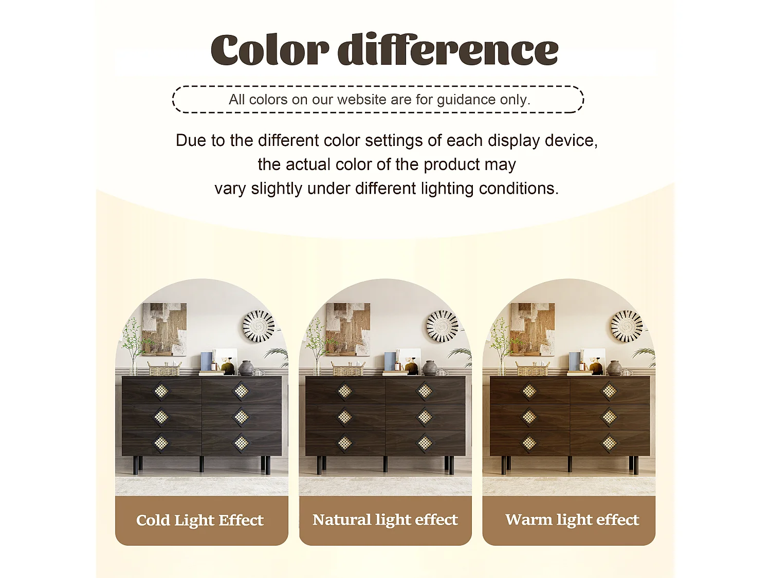 Buffet/commode à 6 tiroirs avec poignée en rotin pour chambre et salon - 120 x 40 x 74.5 cm - MDF + aggloméré - Marron