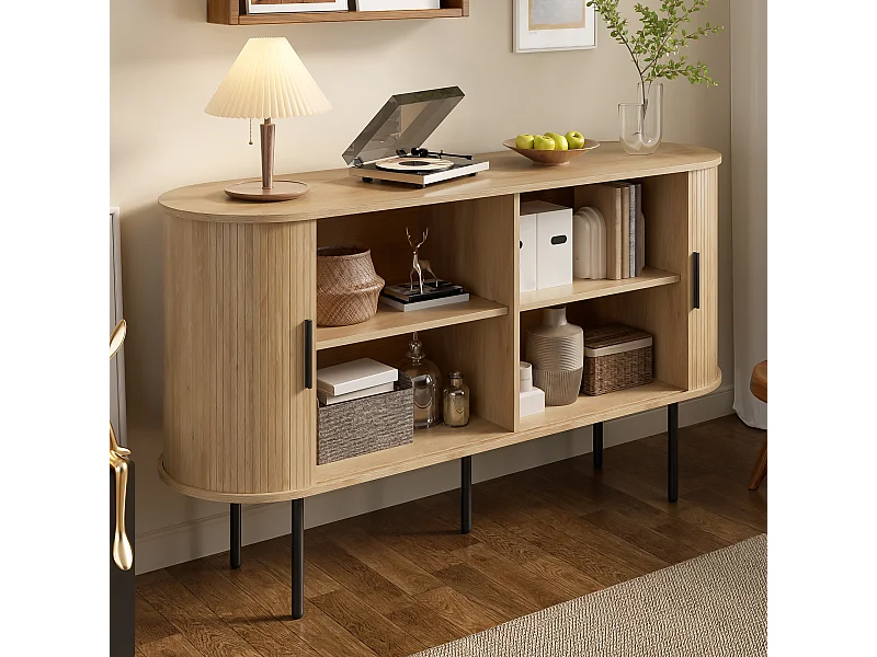 Buffet moderne avec portes à enroulement - pieds en fer - 140 x 40 x 78 cm - MDF - naturel