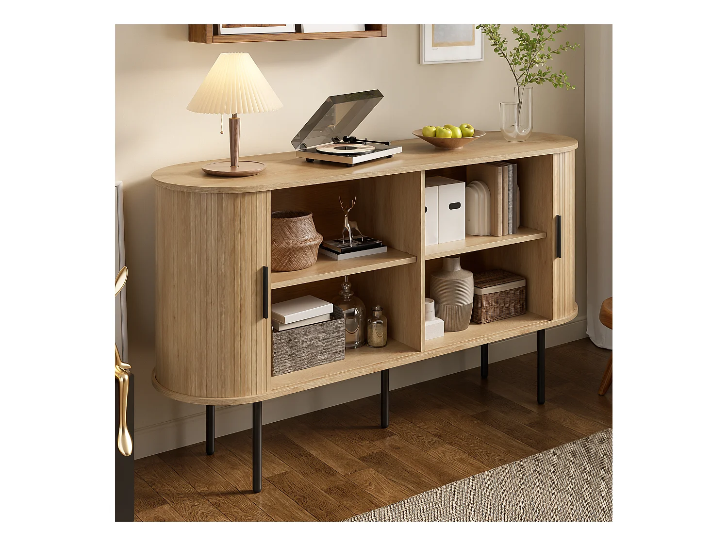 Buffet moderne avec portes à enroulement - pieds en fer - 140 x 40 x 78 cm - MDF - naturel
