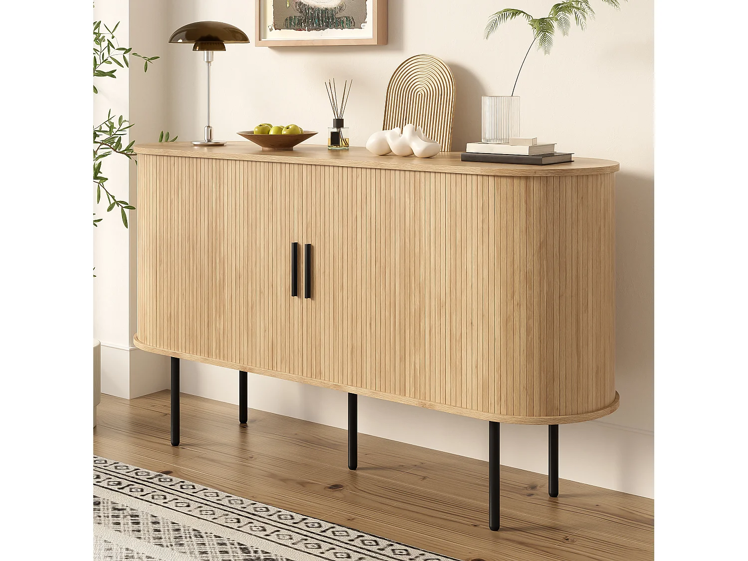 Buffet moderne avec portes à enroulement - pieds en fer - 140 x 40 x 78 cm - MDF - naturel