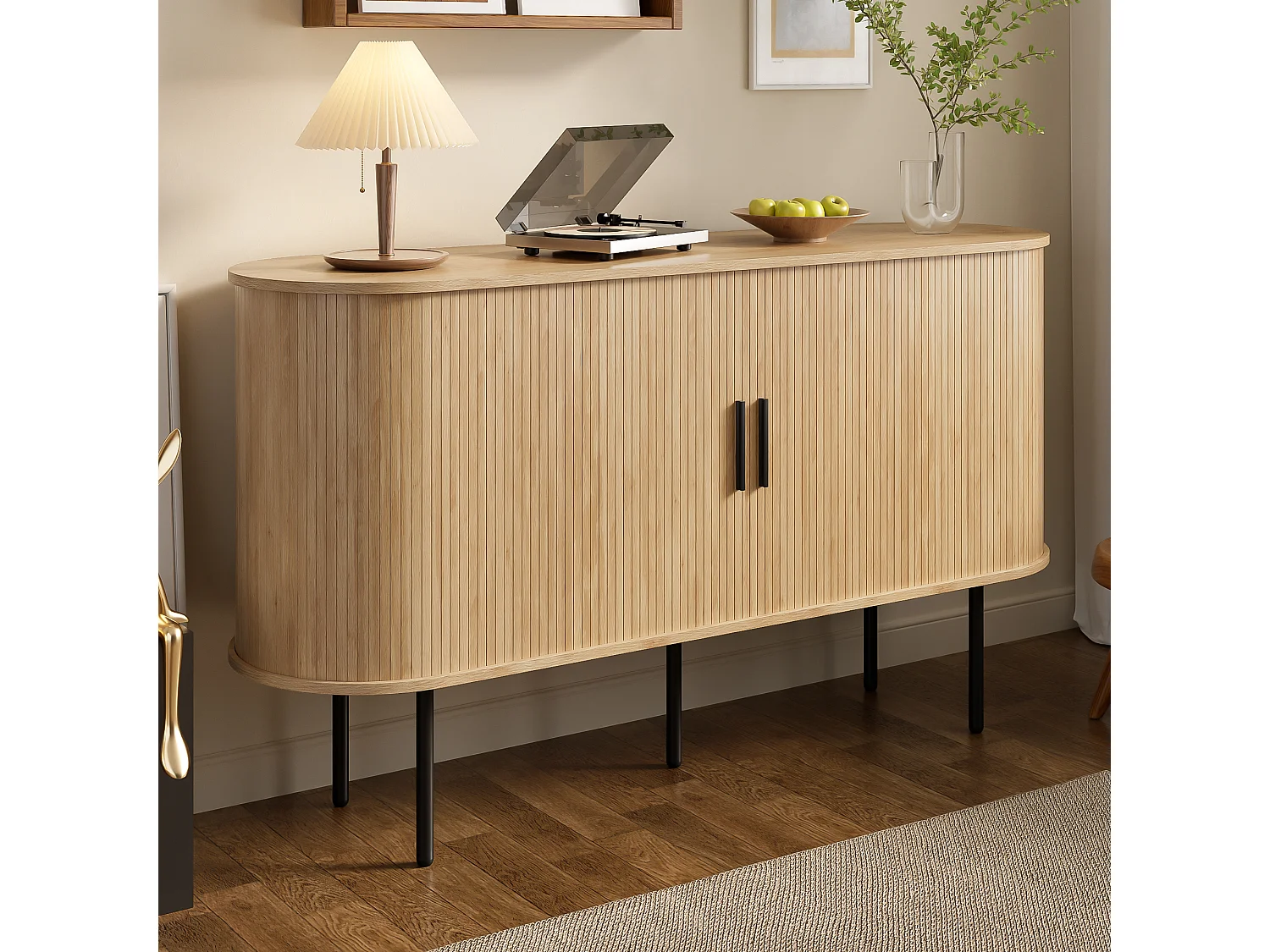 Buffet moderne avec portes à enroulement - pieds en fer - 140 x 40 x 78 cm - MDF - naturel