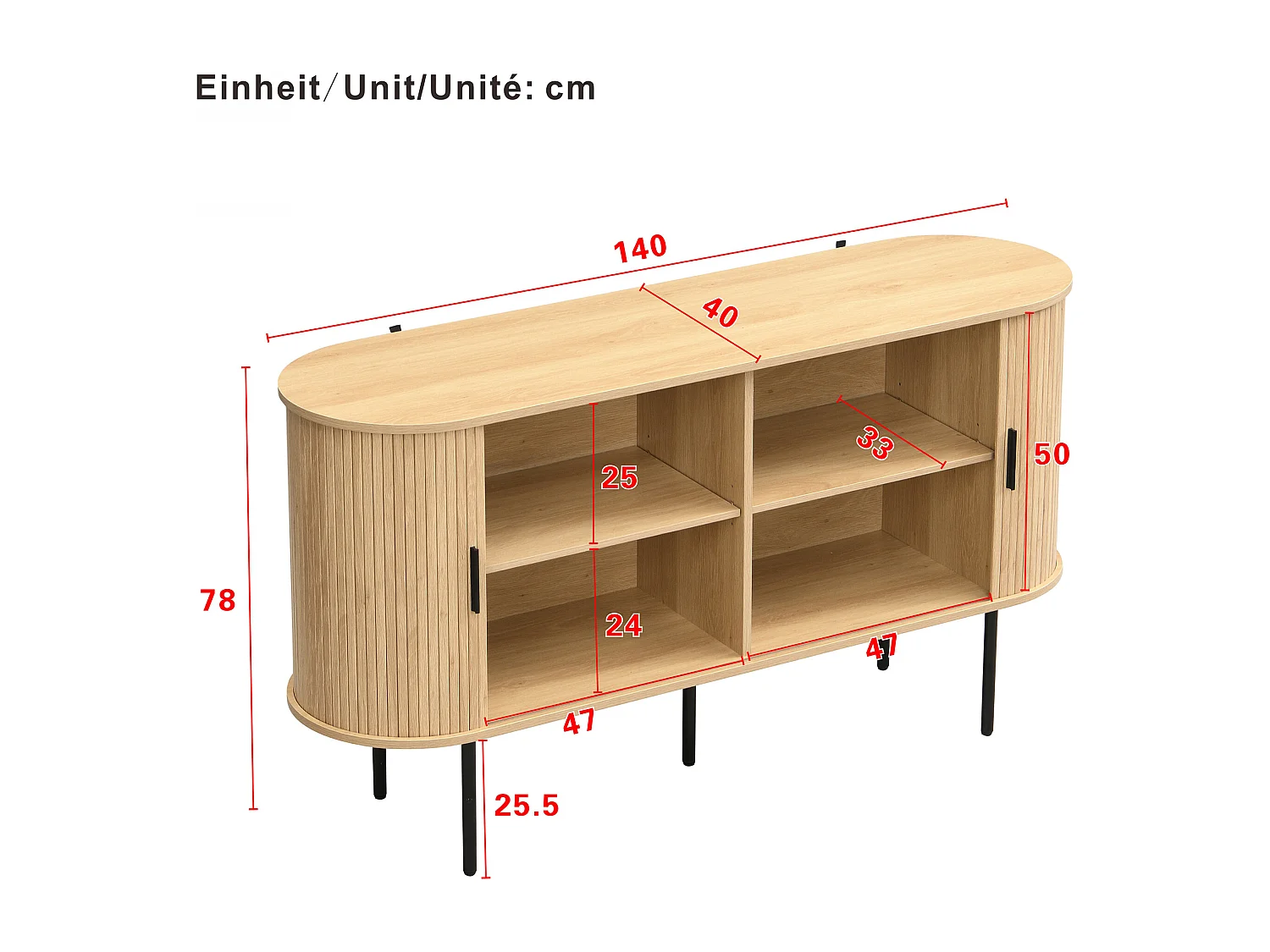 Buffet moderne avec portes à enroulement - pieds en fer - 140 x 40 x 78 cm - MDF - naturel