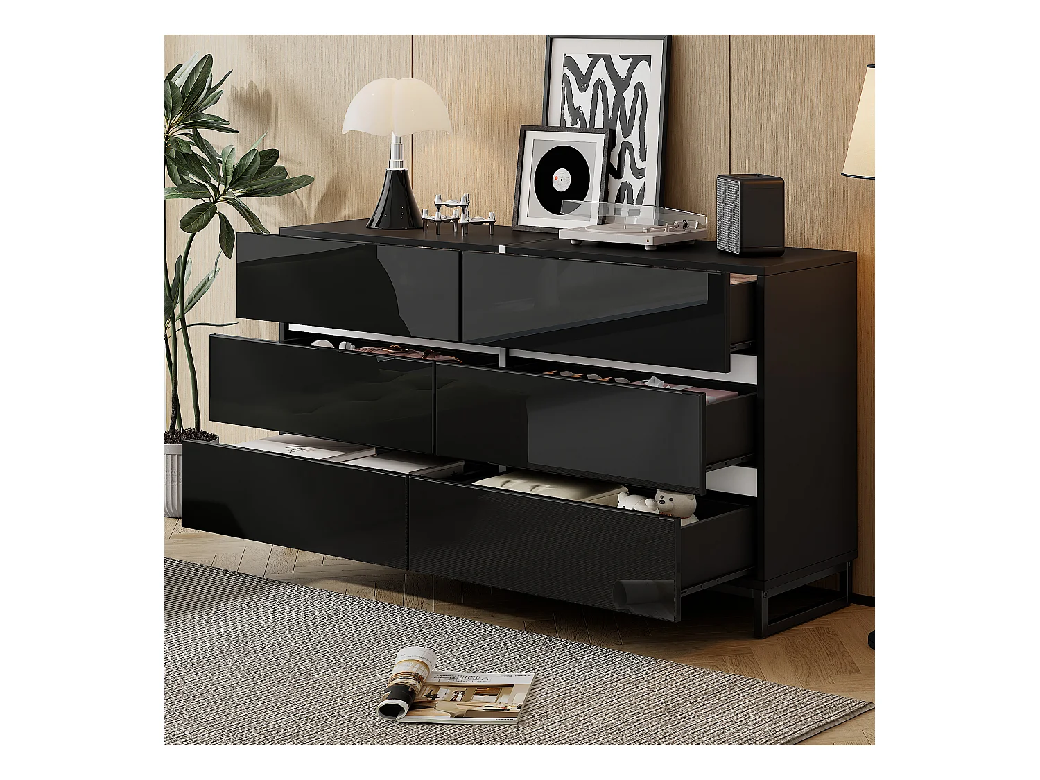 Buffet de salon avec 6 tiroirs - 140 x 39.5 x 78.5 cm - commode pour chambre et salon - aggloméré - noir