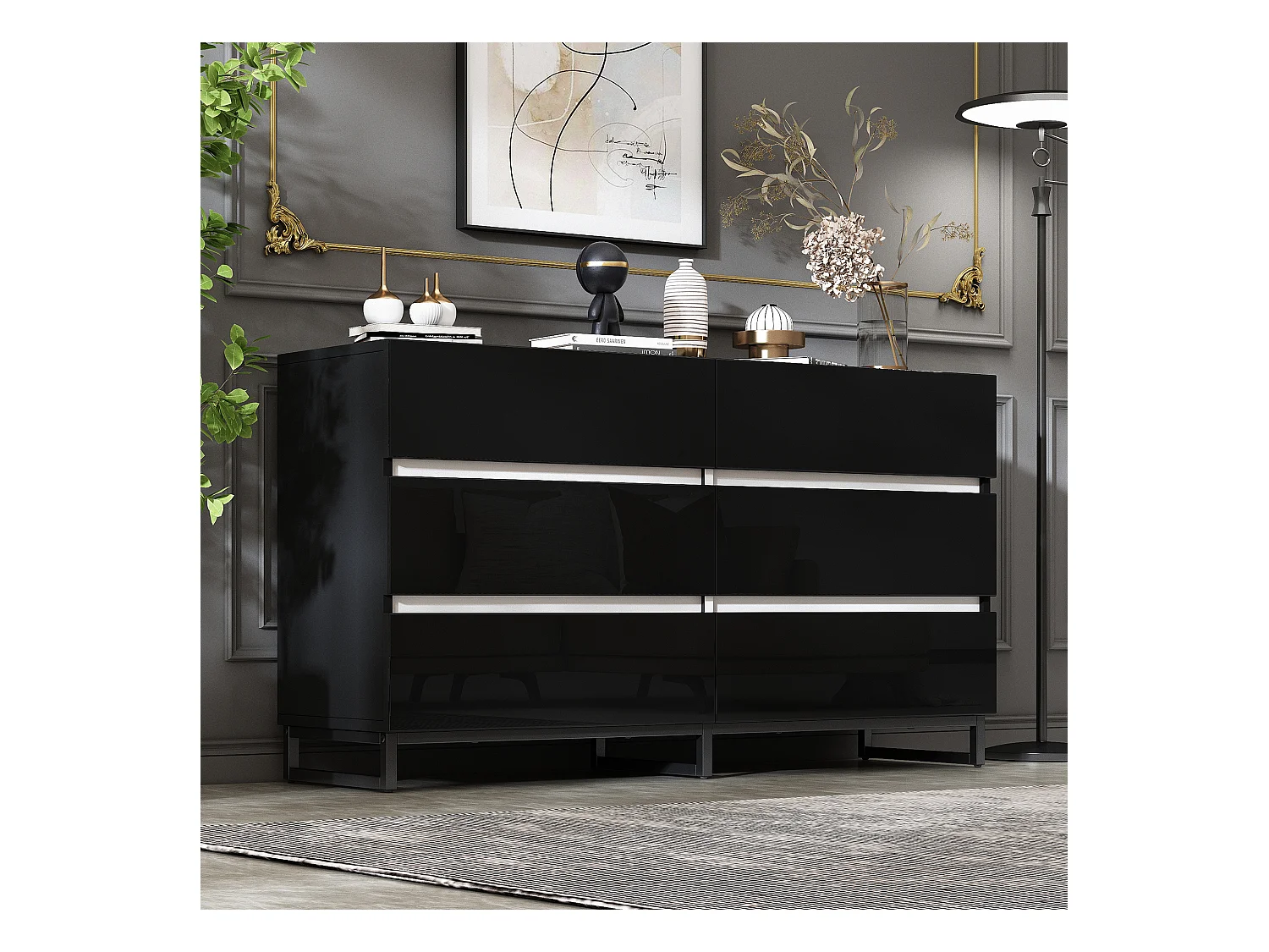 Buffet de salon avec 6 tiroirs - 140 x 39.5 x 78.5 cm - commode pour chambre et salon - aggloméré - noir