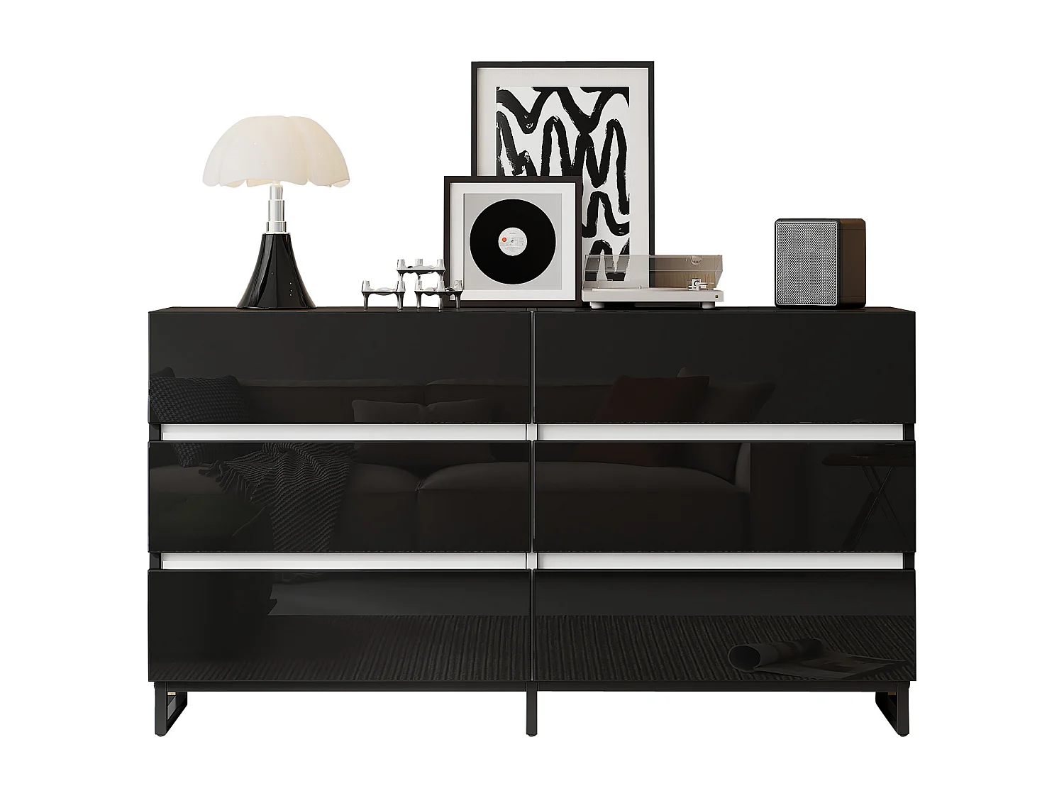 Buffet de salon avec 6 tiroirs - 140 x 39.5 x 78.5 cm - commode pour chambre et salon - aggloméré - noir