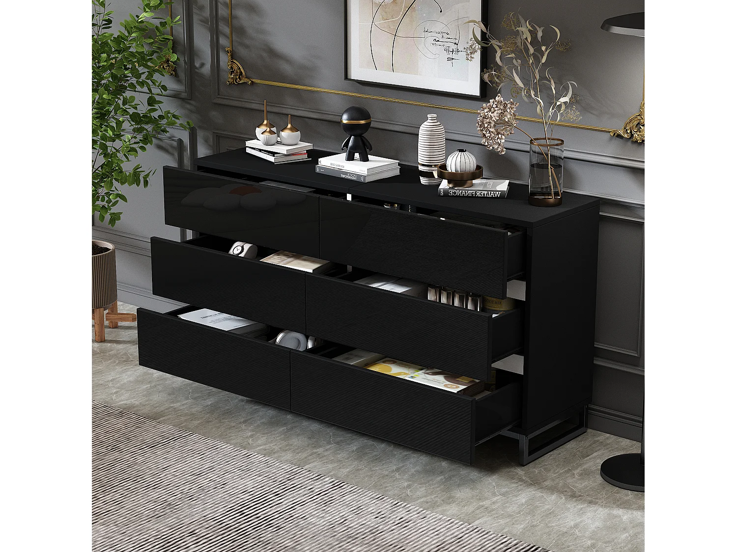 Buffet de salon avec 6 tiroirs - 140 x 39.5 x 78.5 cm - commode pour chambre et salon - aggloméré - noir